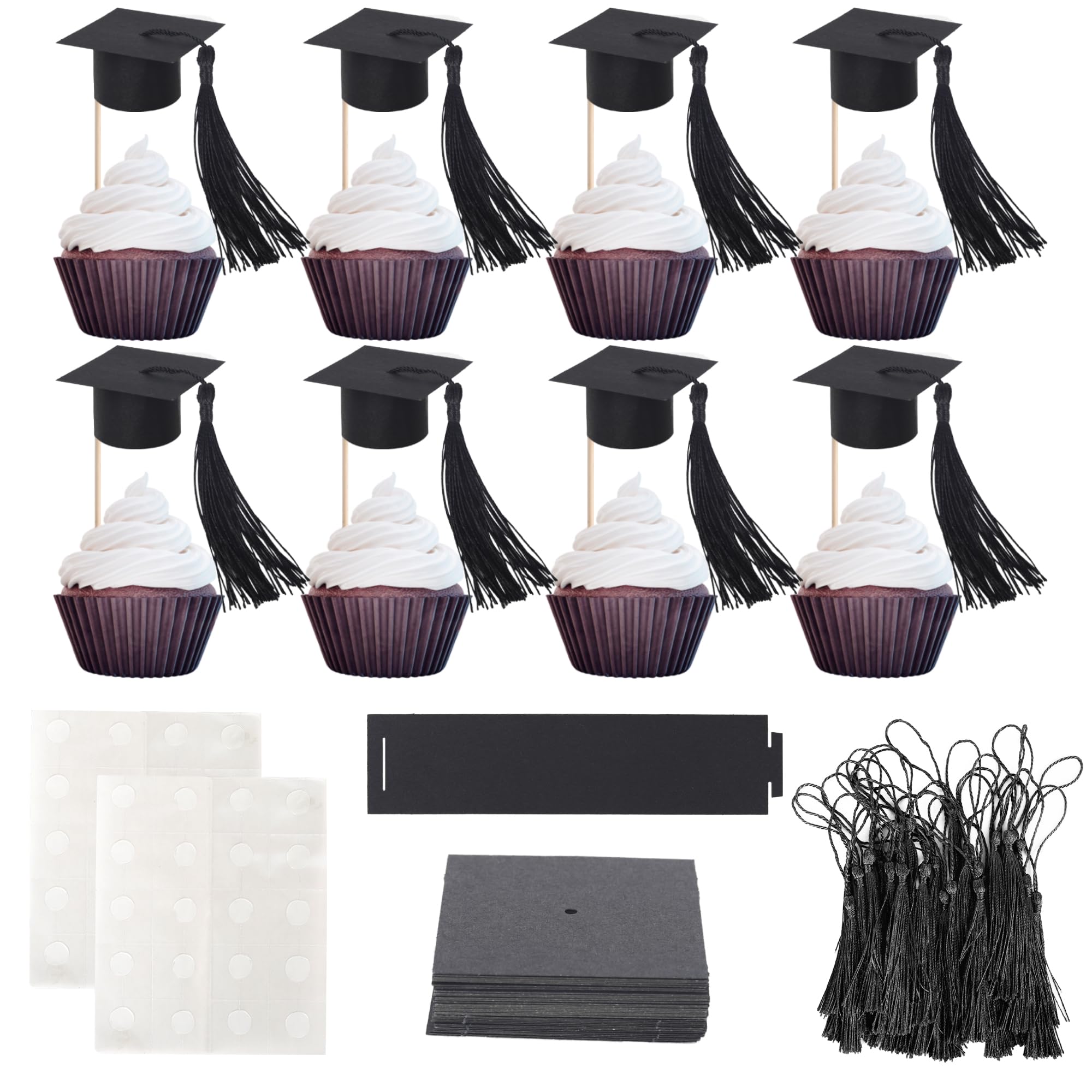 24 Pack 2026 Graduation Cap Cupcake Toppers with Tassel Class of 2026 Congrats Grad Cap Cupcake Picks Mini Caps Graduation Party Decorations for 2026 Graduation Party Cake Decorations Black