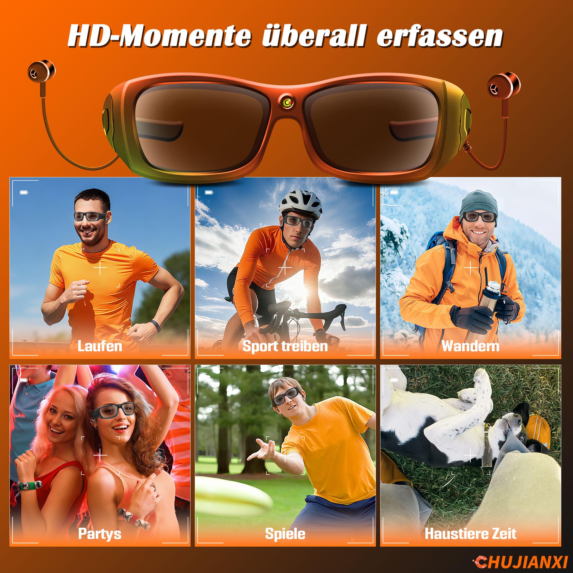 Mini Kamera,Brille mit Kamera Bluetooth,Videobrille 1080P mit Kopfhörer,Sonnenbrille Videobrille mit Polarisierten UV400-Gläsern,Tragbare Brille Camera für Outdoor-Sportarten,Radfahr