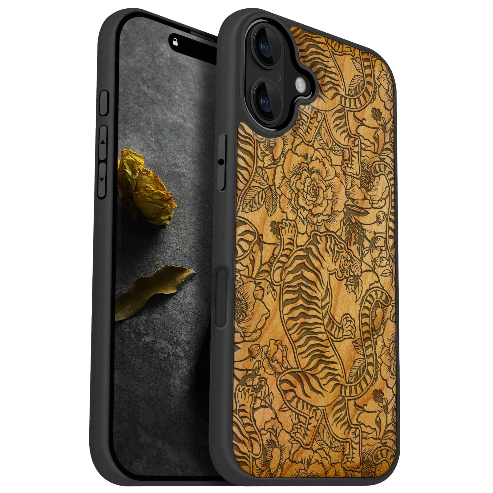 Carveit Magnetic Wooden Case for iPhone 16 Plus Case, Wood Artisan Engraved & Black Soft TPU Shockproof Cover, Compatible with MagSafe Wireless