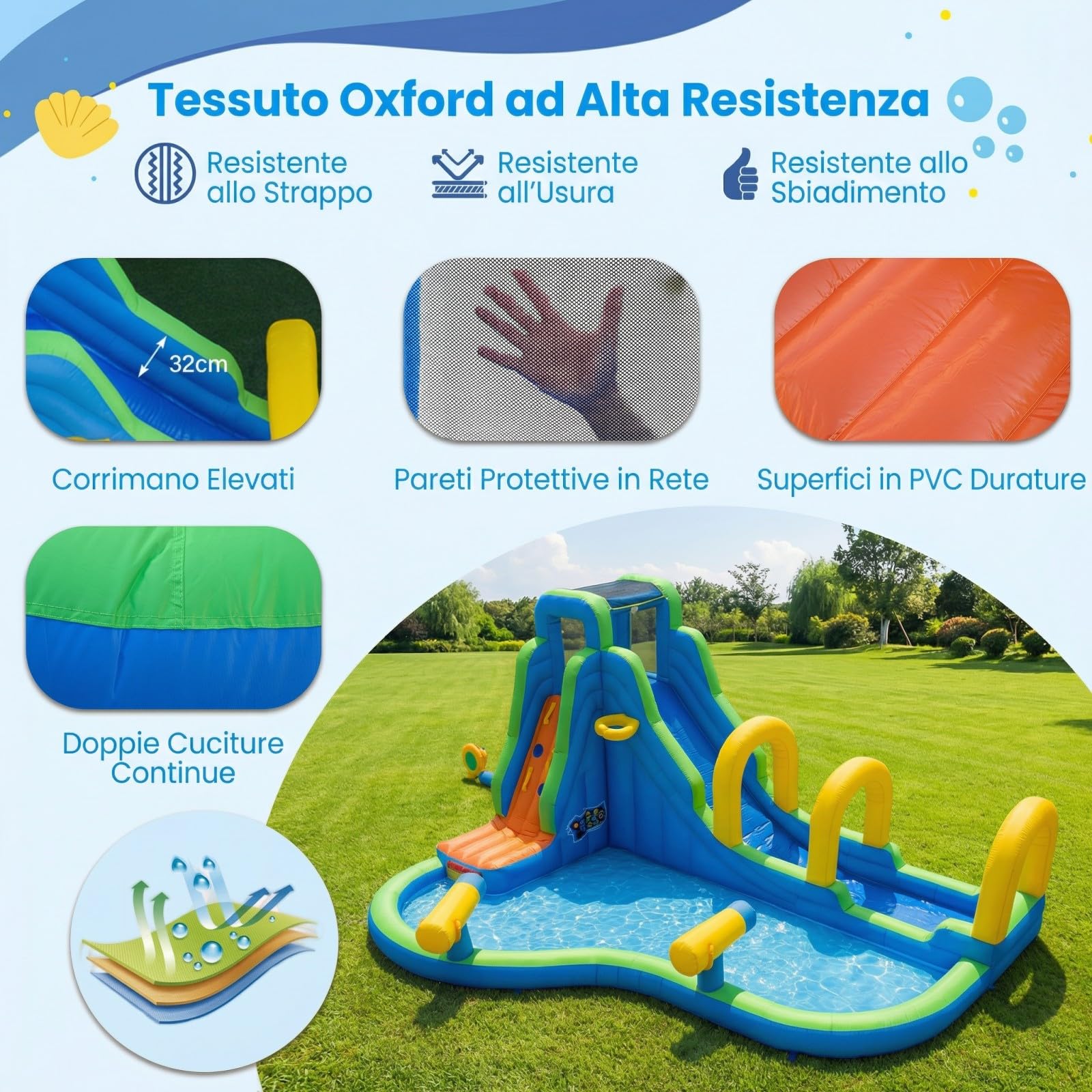 COSTWAY Castello Gonfiabile Per Bambini, Con Scivolo, Piscina e Muro Arrampicante, Per 4 Bambini 4-12anni, Con Borsa di Trasporto e Kit di Riparazione, Regalo Perfetto per Bambini (Senza soffiatore)