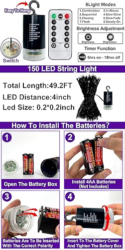 Miniatura 2 de TURNMEON Tira de luces LED moradas de Halloween de 50 pies a 150 pies para exteriores, funciona con pilas, cable negro con impermeable,