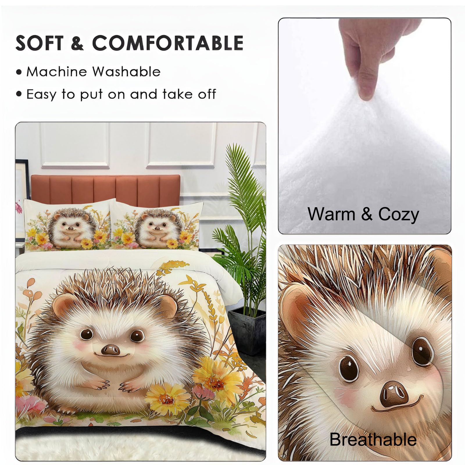 Trapunta Invernale in Ecopiuma, 240x220cm Set Piumone Illustrazioni Per Bambini Imbottita 200 gr/mq Caldo e Morbido Piumino Trapuntato Fiore Di Riccio Coperta Letto Reversibile per 4 Stagioni, Marrone