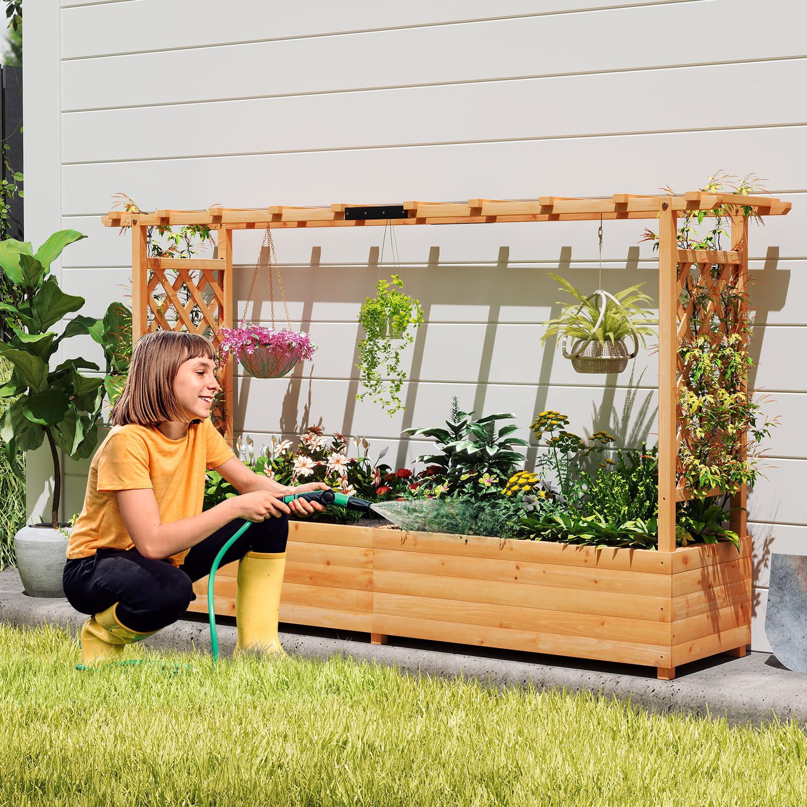SOARS Jardinière surélevée avec treillis - 200 x 44 x 114 cm - Jardinière avec treillis et toit - Jardinière avec tuteur - Jardinière surélevée pour jardin, balcon, bois, pour fleurs, plantes