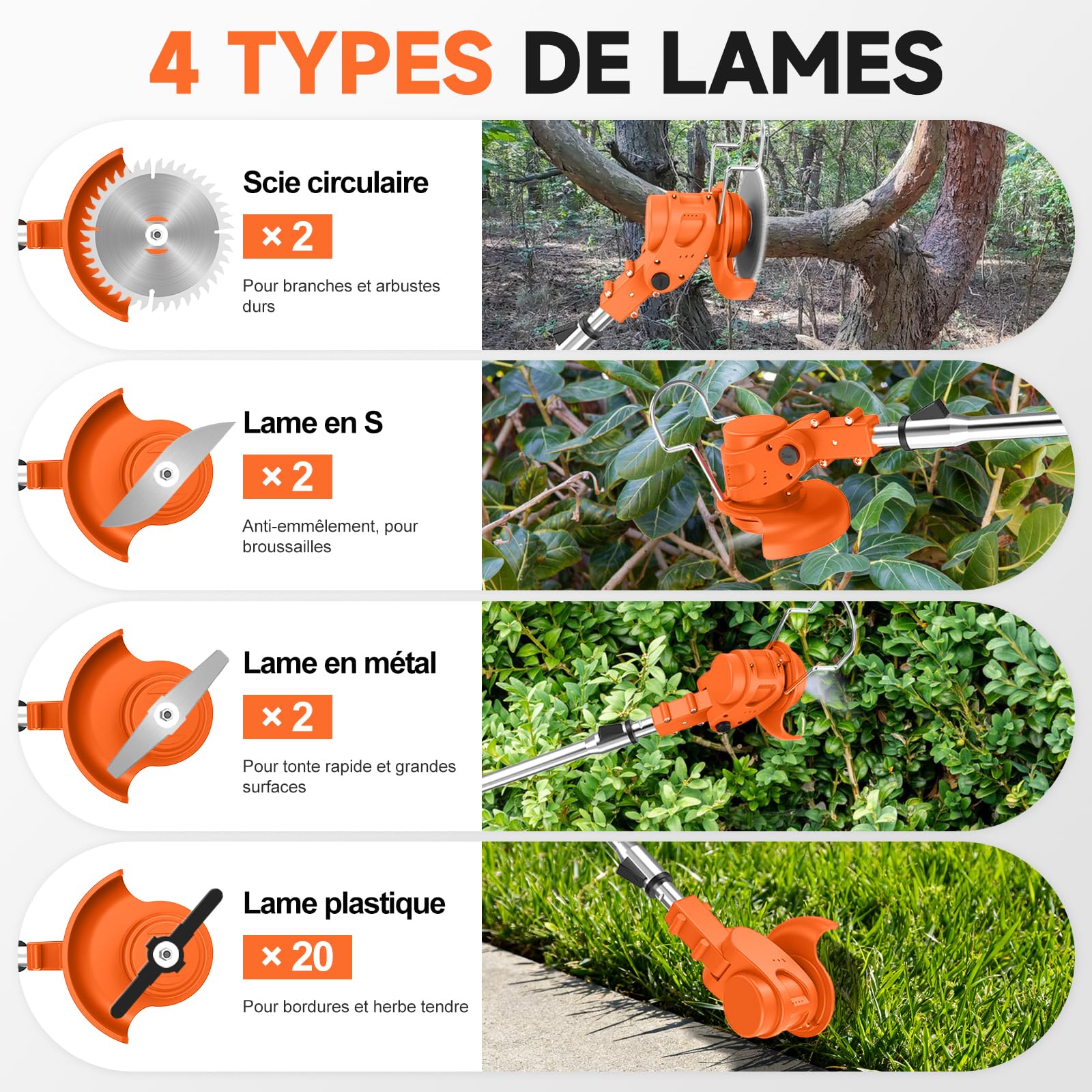 Coupe Bordure sans Fil 60cm 21V 2 Batteries, Débroussailleuse Électrique Pliable, Manche Télescopique 105-130cm, 26 Lames
