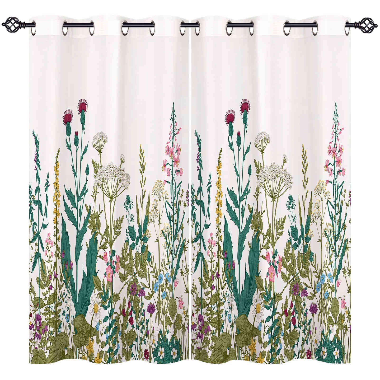 ANHOPE Flower Curtains Eyelet Thermal Insulated Blackout Curtains Green Leaf Rustic Floral Print Pattern Ring Top Drapes for Kids Girls Bedroom Living Room 42 x 63 Inch Drop 2 Panels