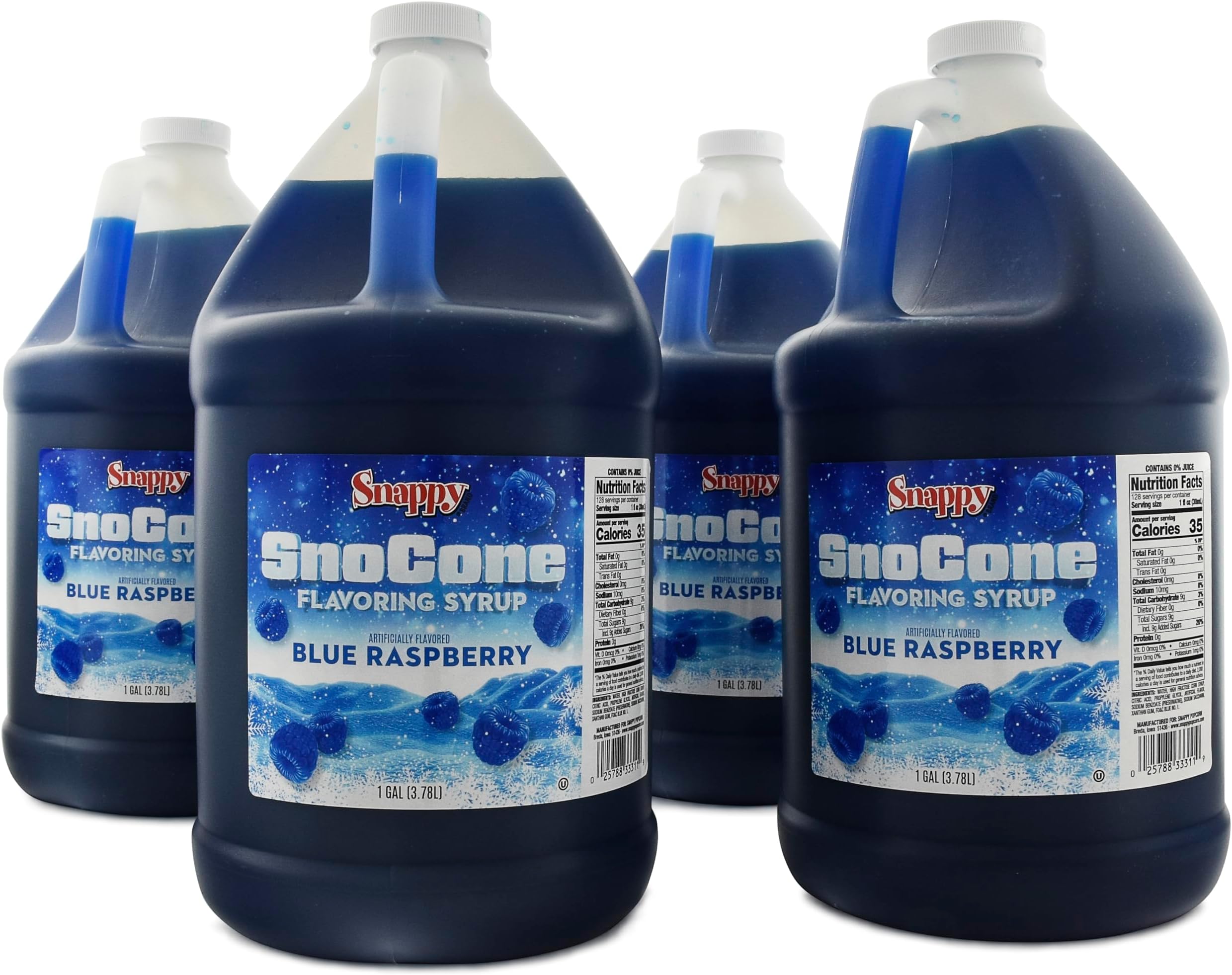 Snappy Blue Raspberry Sno Cone Syrup, 1 Gallon 4 Pack, Ready to Use for Snow Cone Machines and Shaved Ice