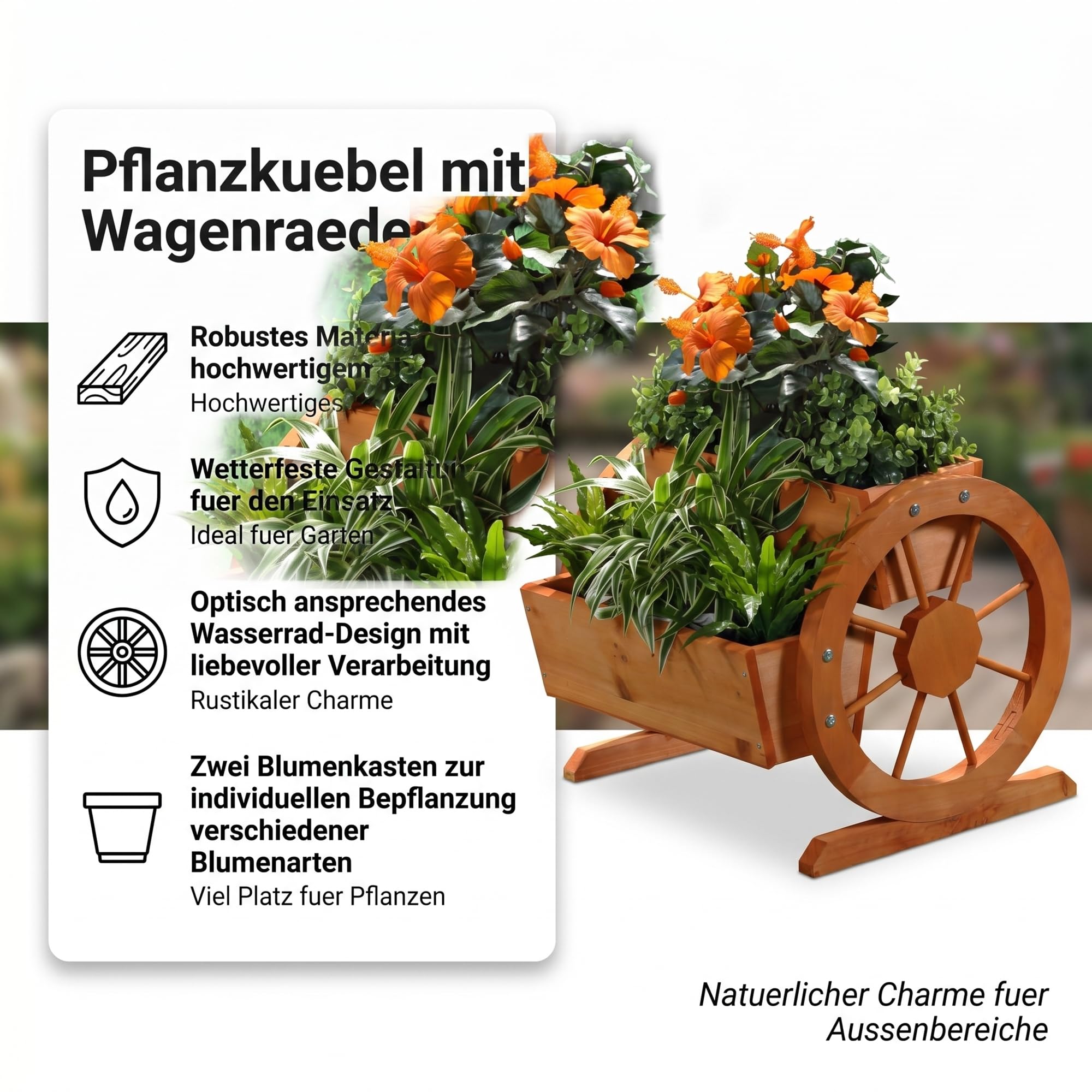 Mucola Pflanzkübel mit Wagenrädern aus Fichtenholz 44x42x40cm – Dekorativer Blumenwagen im Landhausstil mit 2 Pflanzfächern für Garten und Terrasse, Gartendeko Nostalgisch, Natürliche Holzoptik