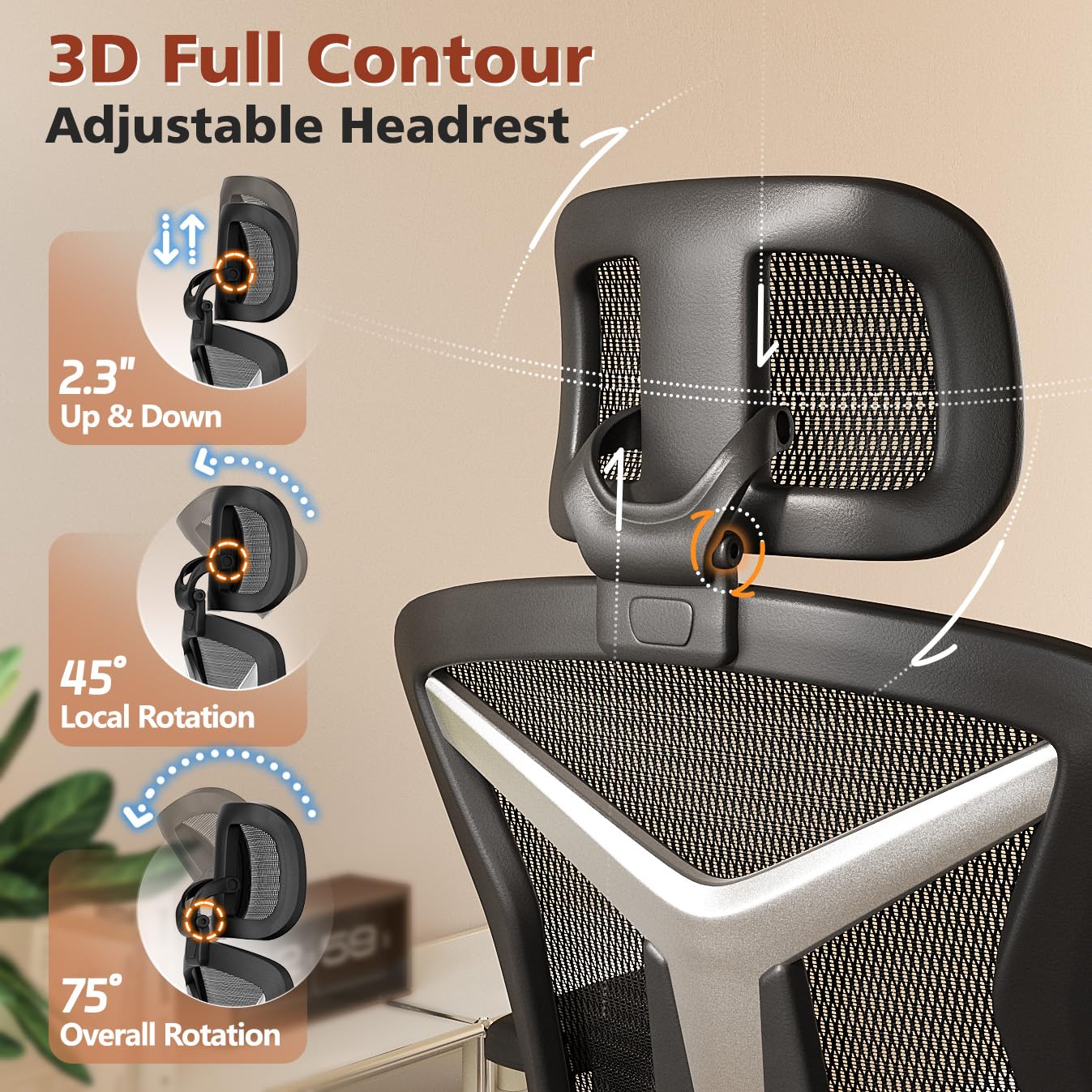 Ergonomic Office Chair with Foot Rest, Home Mesh Desk Chair with Adjustable Lumbar Support, 3D Armrest, 3D Headrest, 90°-135° Lockable Reclining Function, Comfy High Back Swivel Computer Gaming Chairs