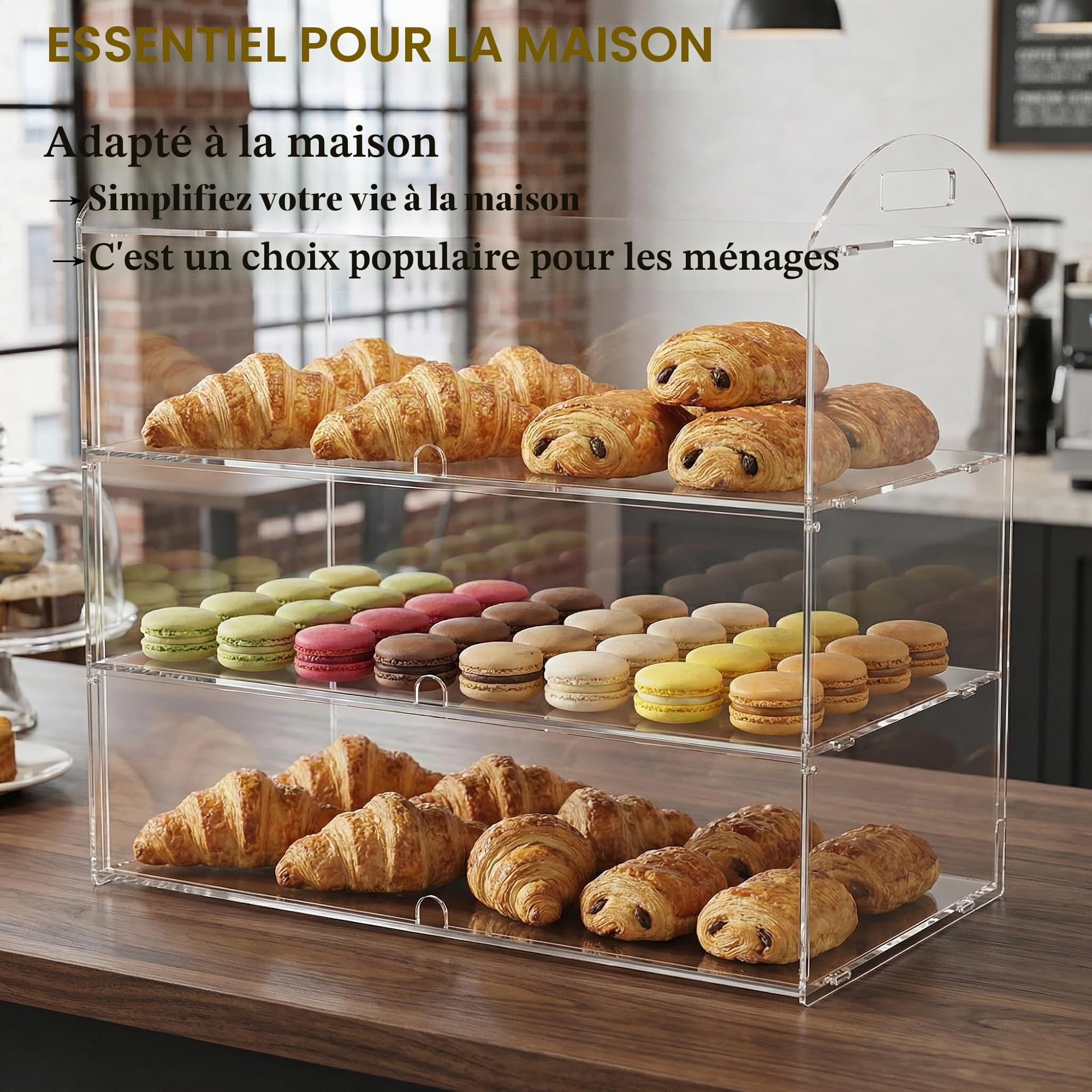 Vitrine commerciale à 3 niveaux avec poignée, 49,5 x 38 x 26 cm, présentoir pour comptoir, pâtisserie, nourriture, pâtisserie, pain, dessert, biscuits