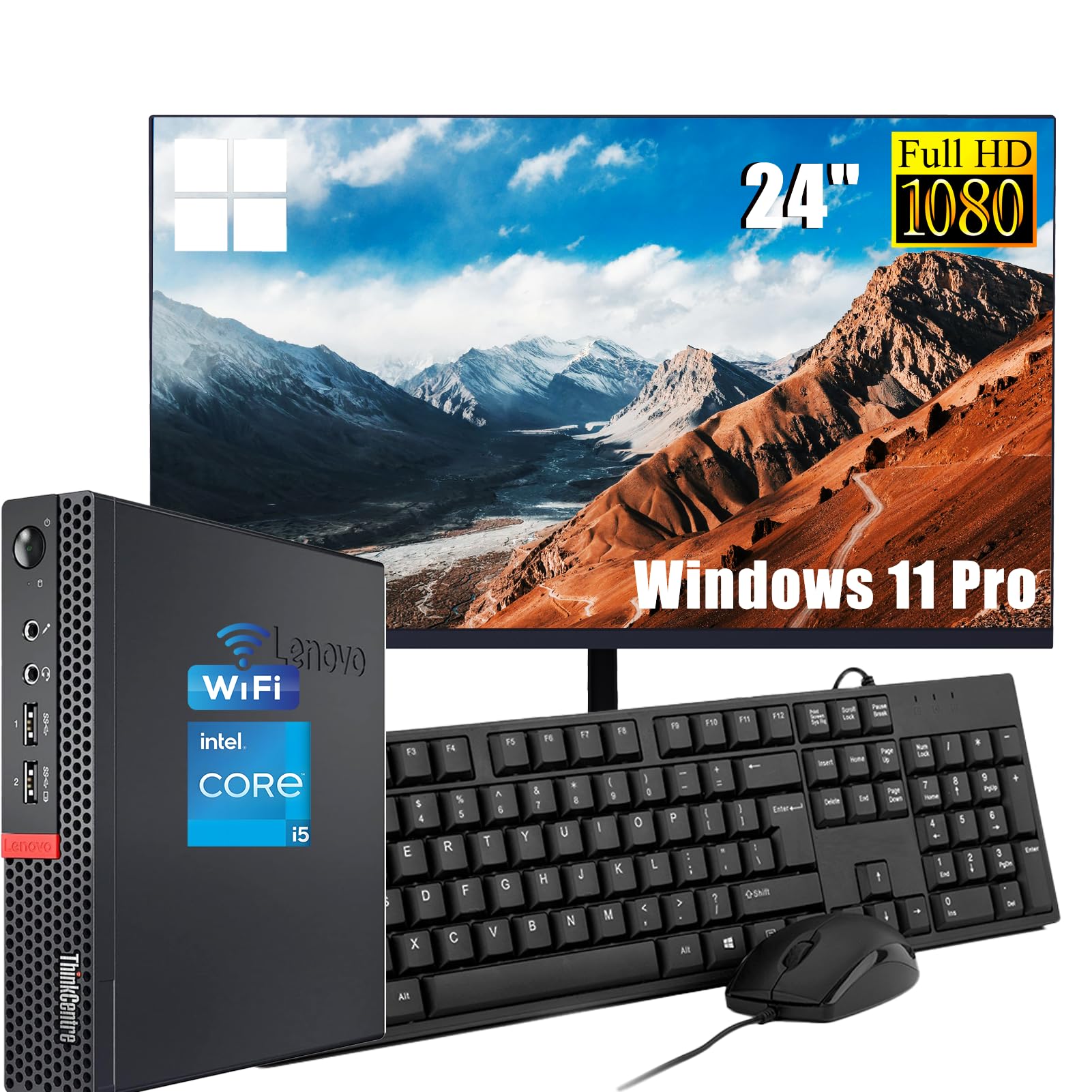 Lenovo ThinkCentre M710q Mini con Monitor de 24'' Ordenador de sobremesa, Intel Core i5-7500, 8 GB de RAM, SSD de 256 GB, Teclado QWERTY US, WiFi, Bluetooth y Windows 11 Pro (reacondicionado)