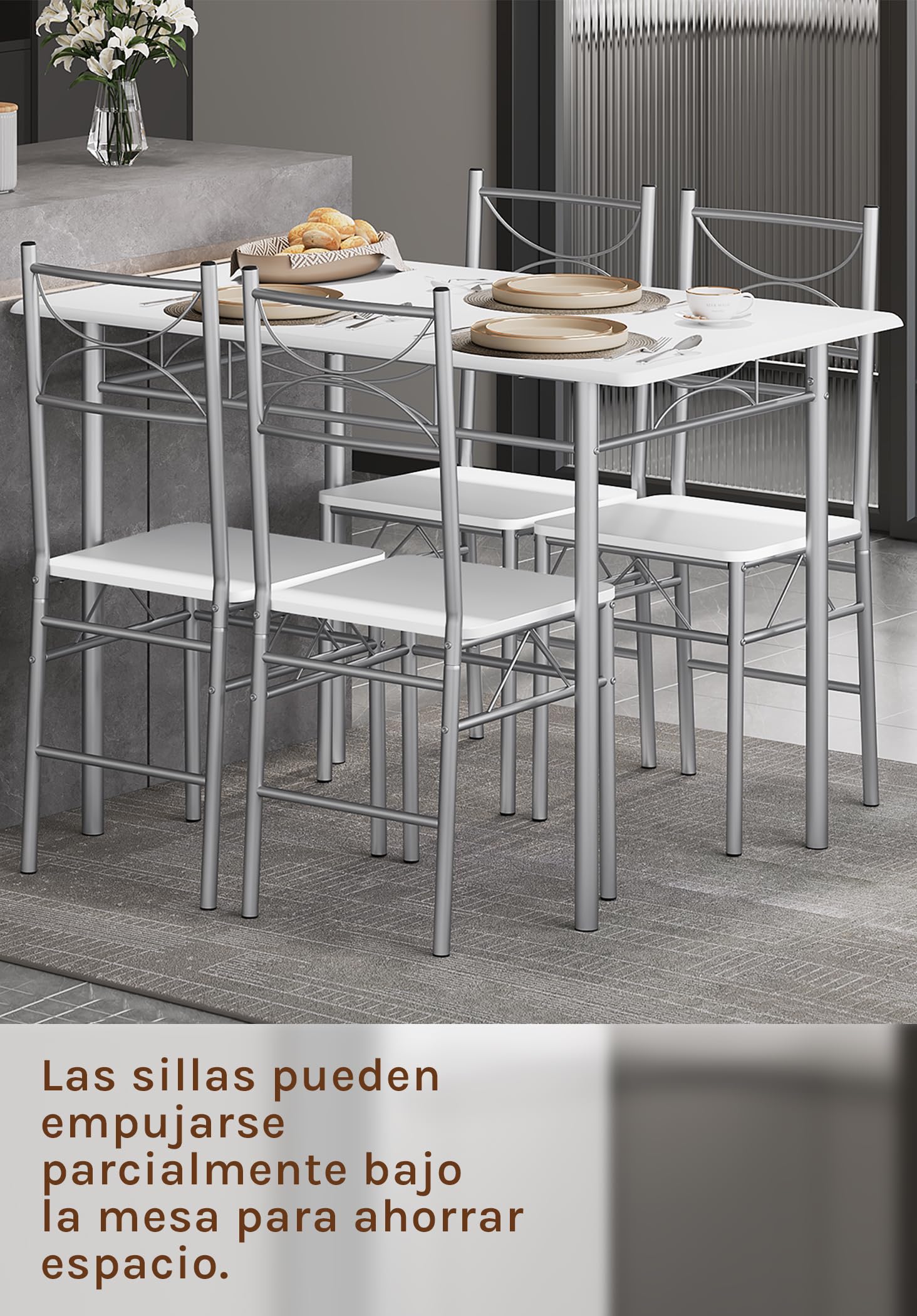 WOLTU Mesa y Sillas Comedor para 4 Personas, Mesa Cocina de Madera, Juego de Muebles de Comedor, Madera MDF y Metal, Blanco + Plata