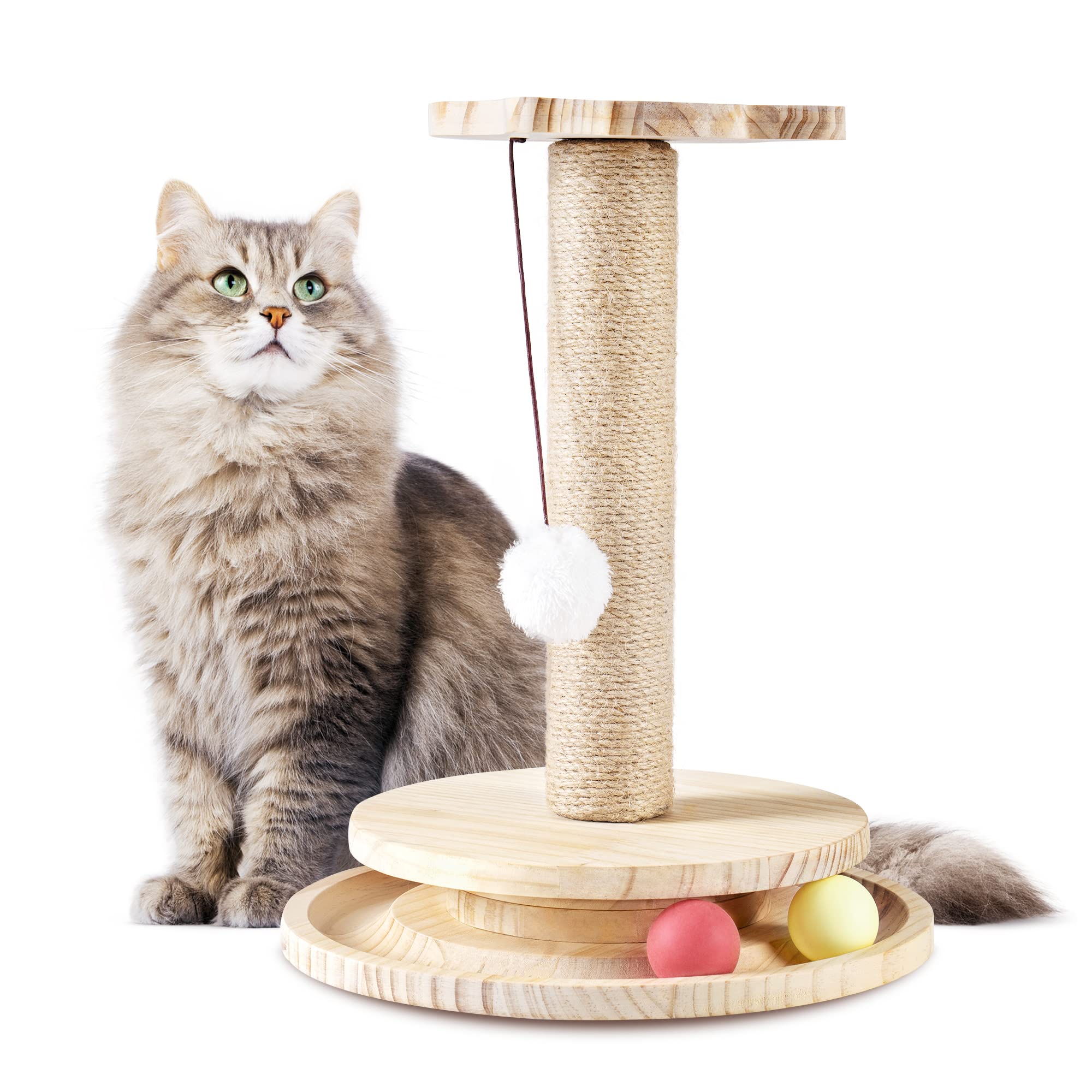 TILLYOUCat Scratching Post 14.96 Inches Tall for Indoor Cats,Covered with Natural Sisal Rope and Three Interactive Toys