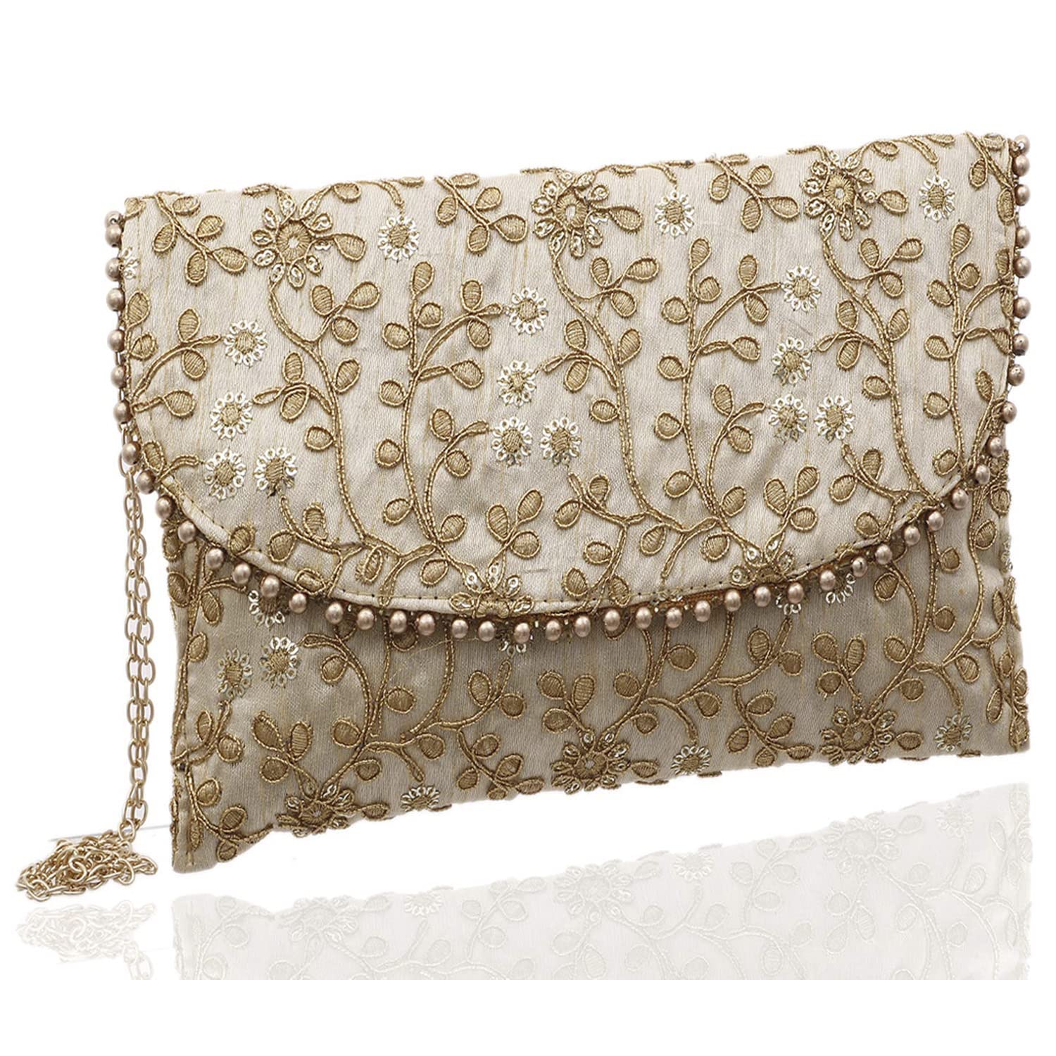 Kuber Industries Embroidery Golden Pearl Border Clutch|Hand Purse & Pearls Handle With Magnetic Lock For Woman,Girls (Cream) (B0B8S6GZQX) Amazon Price History, Amazon Price Tracker