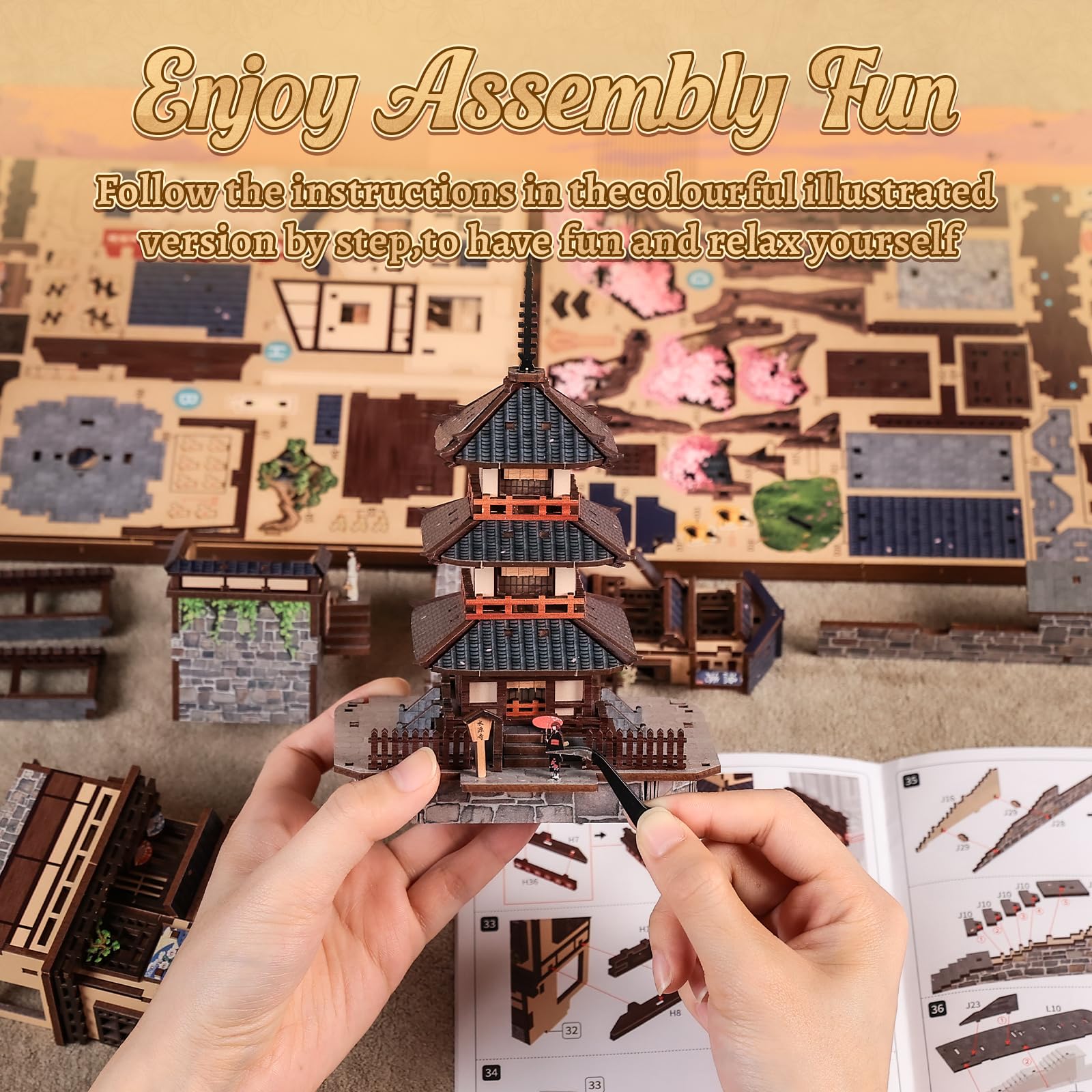 Cutefun Japoński zakątek książki, Japonia, zestaw miniaturowy 3D, drewniane puzzle dla dorosłych, diorama regałowa, rękodzieło, prezent dla kobiet, miłośników puzzli (ścieżka Sakura Path)