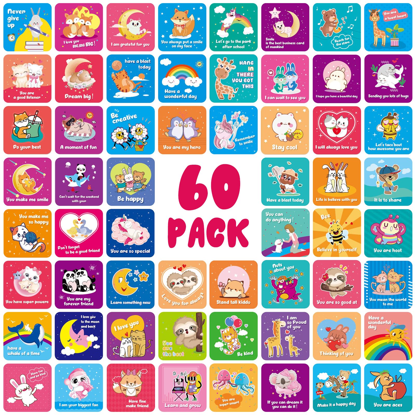 60 Pack Lunch Box Notes for Kids Motivational Lunchbox Notes Affirmations Inspirational Cute School Lunch Cards for Boys Girls Back to School Supplies Gifts Lunchbox Essentials (3.5x3.5 in)