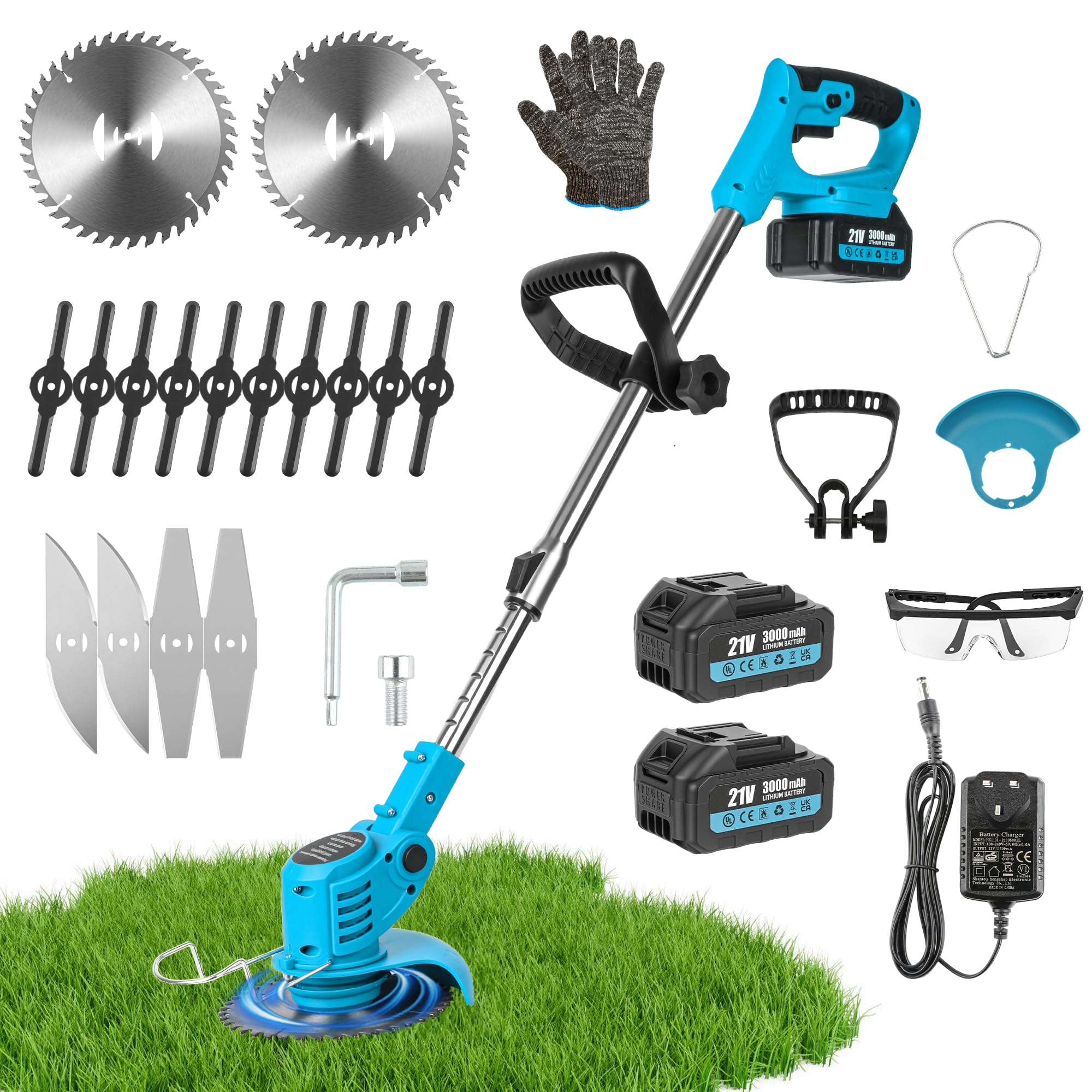 TEOV Cordless Strimmer with 2x 21V 3.0Ah Batteries and 4 Blade Types, Adjustable Telescopic Pole and 90° Trimmer Head, for Lawn Edge Trimmer Garden, Yard (without wheels)