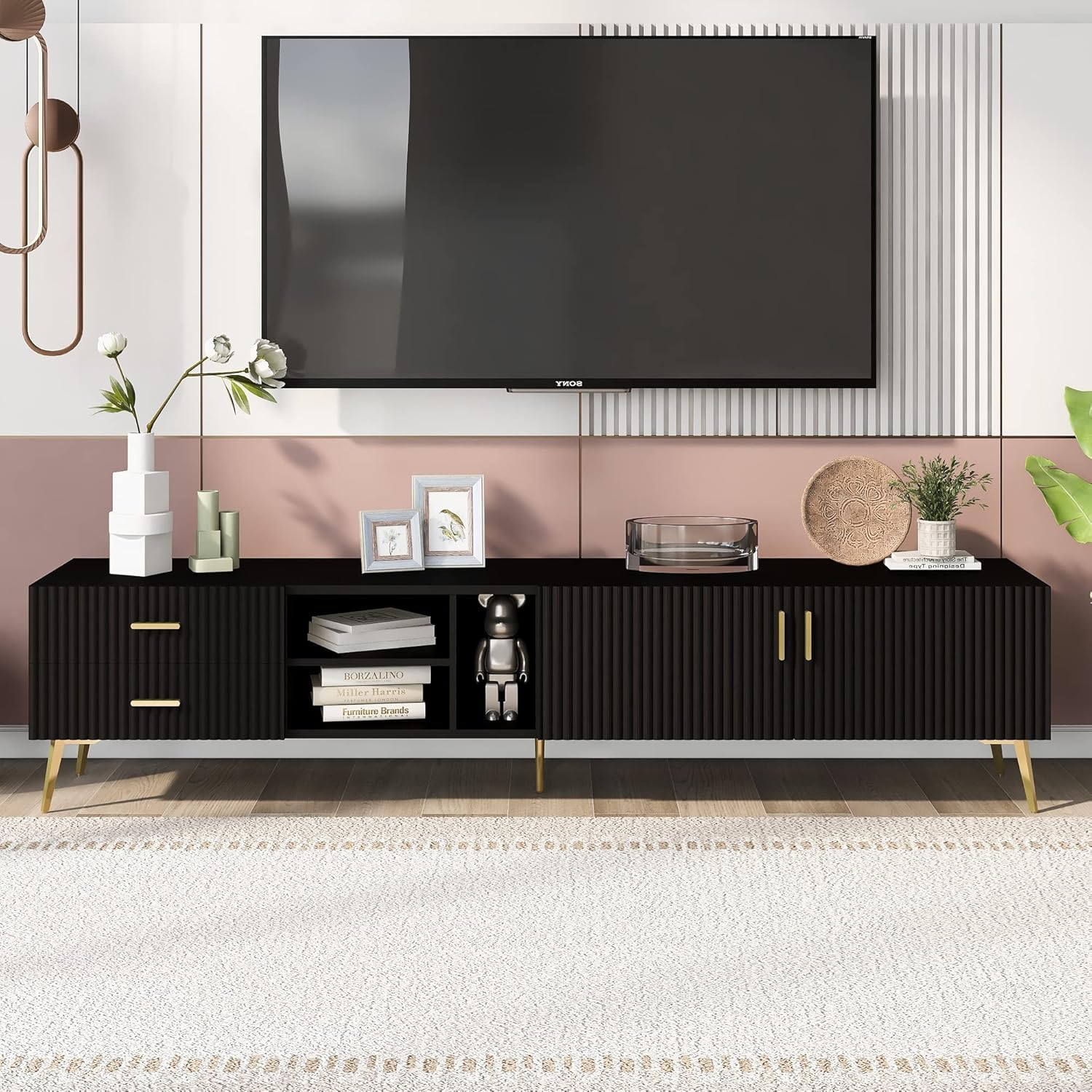 Kulariya G Furniture TV Stand for 77 Inch TV, Black Entertainment Center with Golden Legs, Modern Media Console Cabinet with Storage Wood TV Console Table for Living Room-image-17