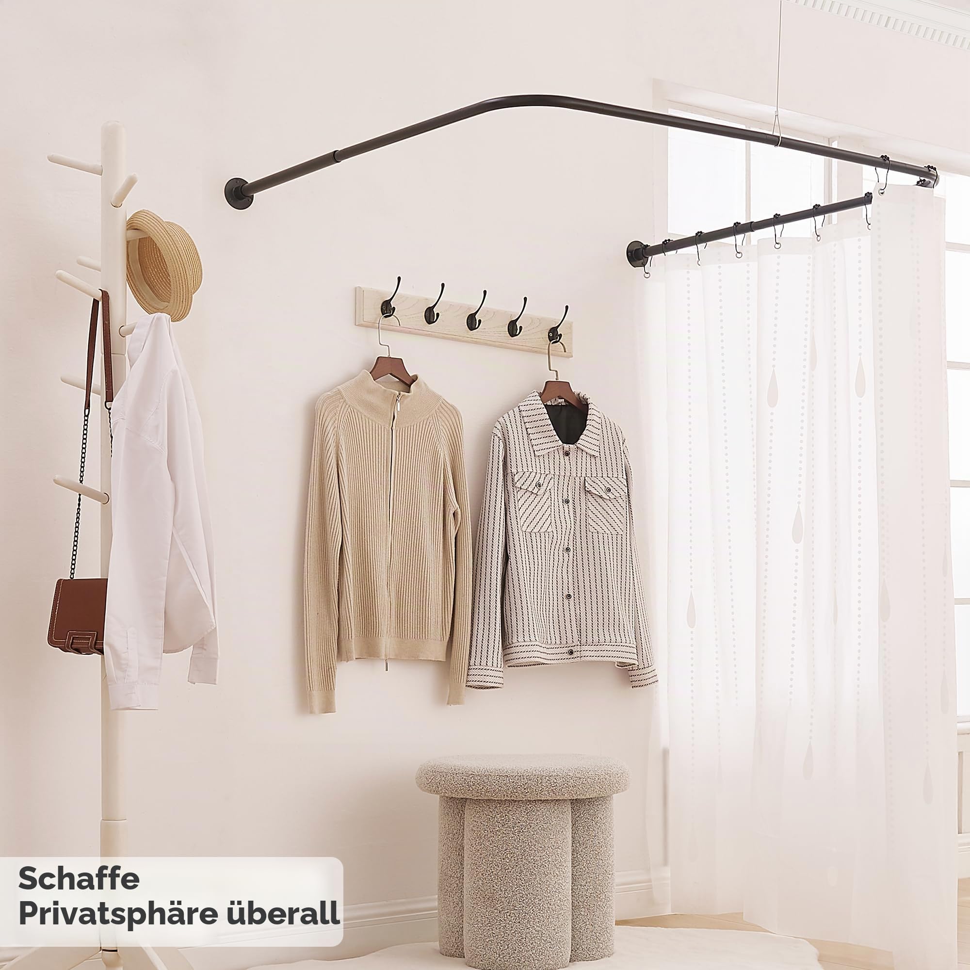 Duschvorhangstange U Form [Seiten: 60-132 cm, Mitte: 79-119 cm] Verstellbare Eckduschstange Duschstange für Badewanne, Dusche & Außenbereich mit 12 Haken & Deckenstütze