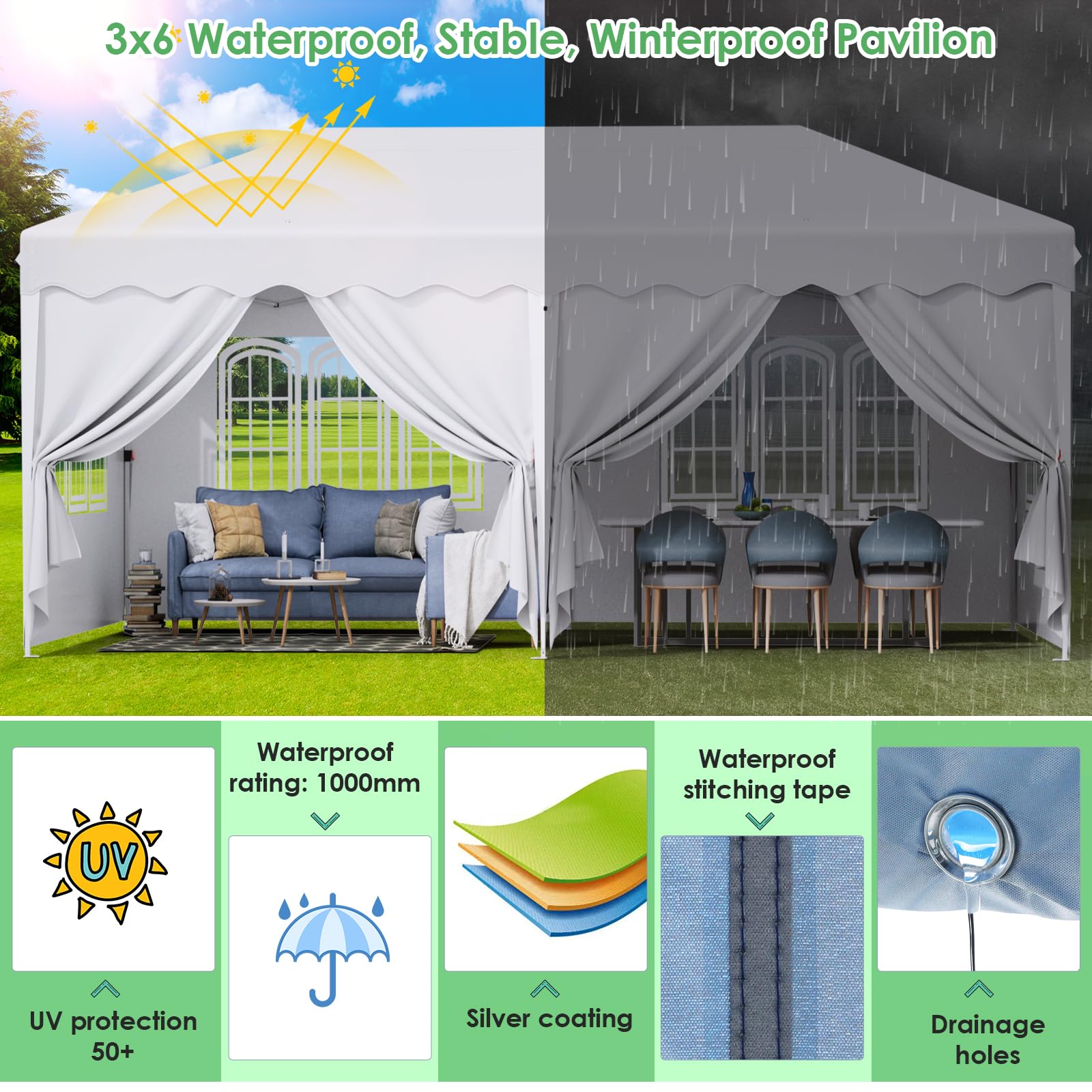 Carpa Plegable 3x6, Cenador 3x6, Carpas para Exteriores con 6 Paneles Laterales, con Bolsa de Almacenamiento, 420D Oxford, Impermeable, Protección UV 50+, para Jardin, Camping, Playa, Patio, Blanco