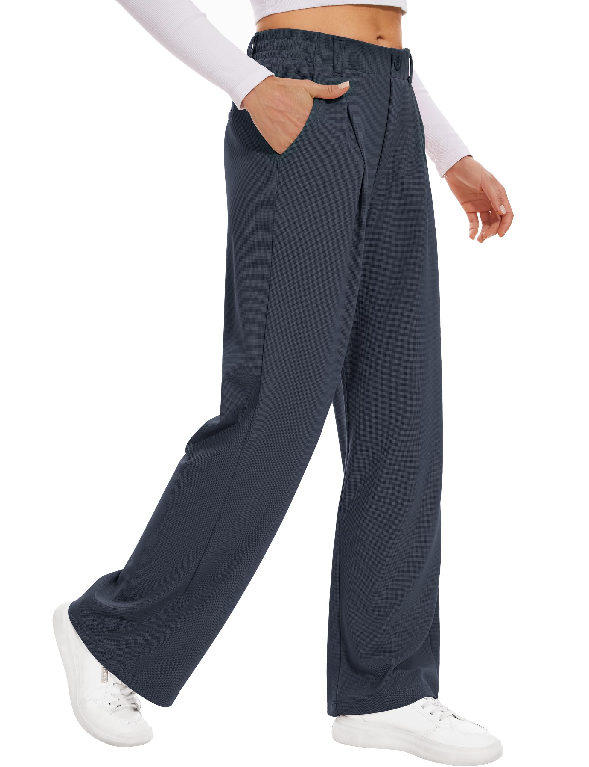 Desol Hosen Damen Waffel Lang Palazzo Hose Elegant Stoffhose Anzughose Damen Weite Sommerhose mit Taschen High Waist Hose Damenhose Weites Bein Blau S