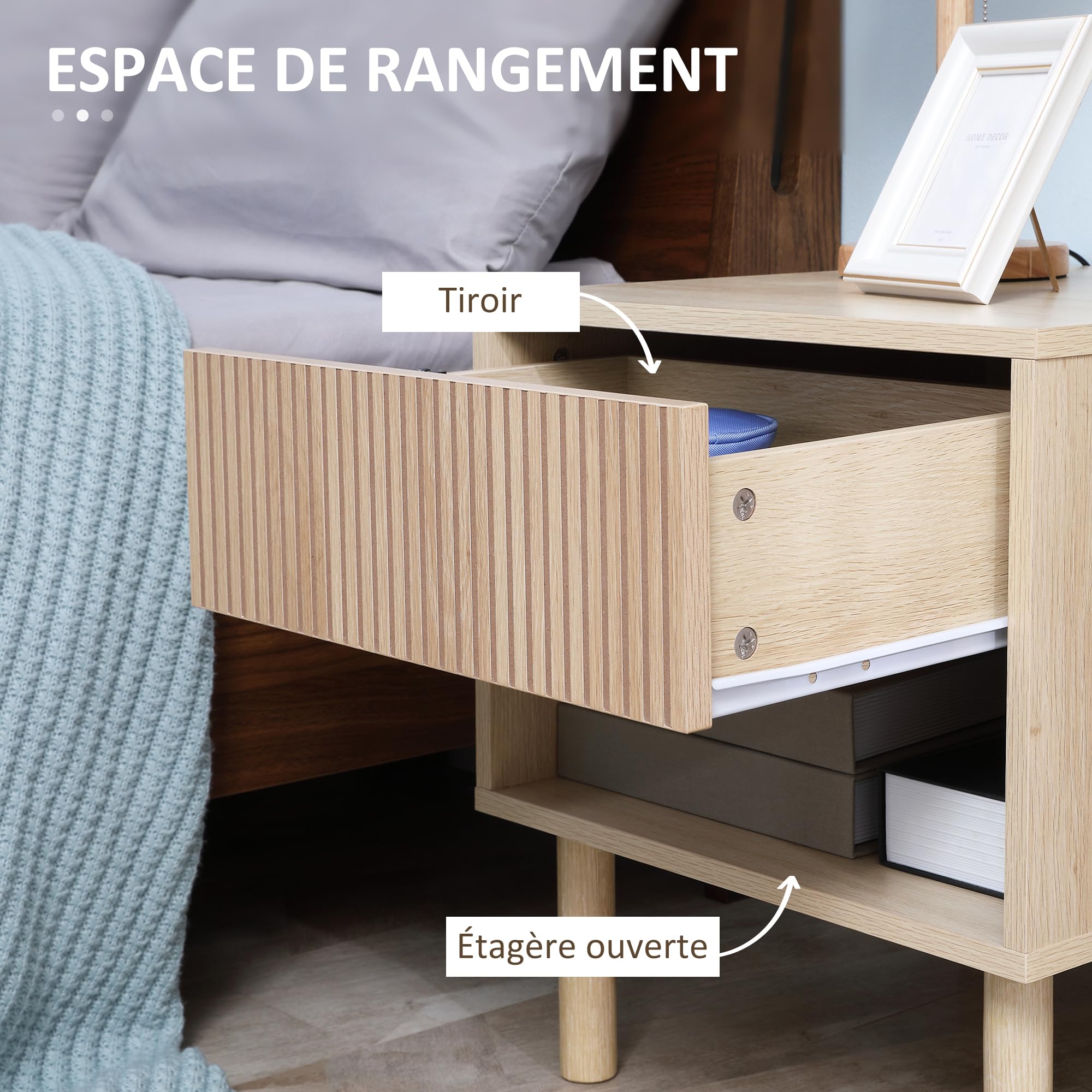 HOMCOM Lot de 2 Tables de Chevet avec Tiroirs et Niches 47x47x50cm Naturel