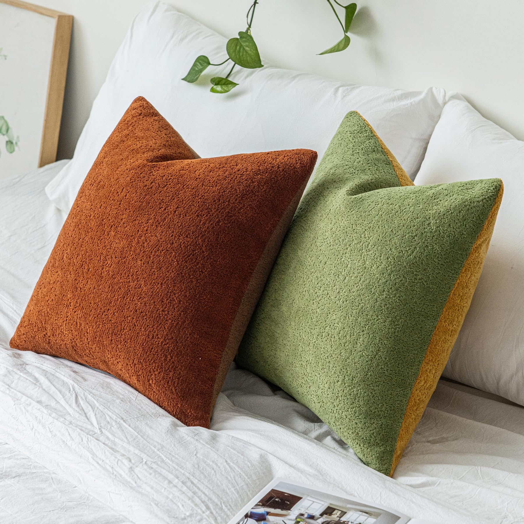 SINYASAN Rust Fall Chenille Throw Pillow Covers 18x18 Inch Set of 2, Mustard Soft Velvety Pillow Covers Colorful Square Fuzzy Cushion Covers for Boho