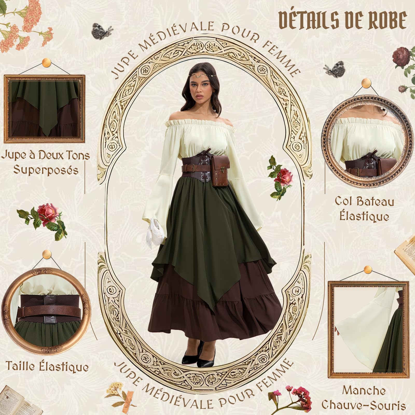Robe Médiévale Femme, Robe Renaissance Femme avec Corset, Sac Banane, Coiffe, Ceinture, Rétro Renaissance Déguisement Victorienne Flare Manches pour Halloween Carnaval