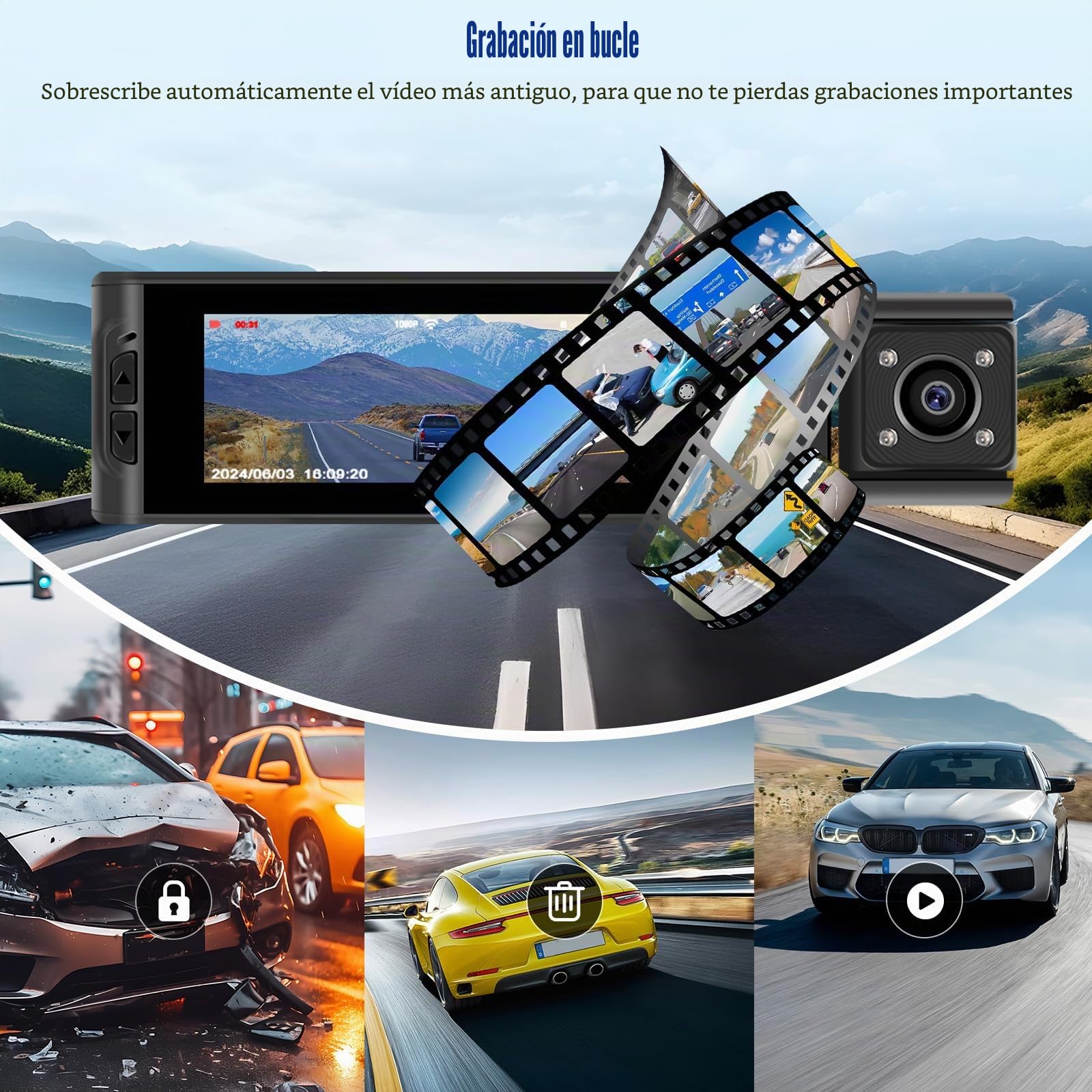 CAMECHO 3.16" Dashcam para coche, delantera e interior, cámara de coche Full HD 1080P, lente doble ajustable, cámara de salpicadero para coche, detección de movimiento, gran angular de 150°, grabación