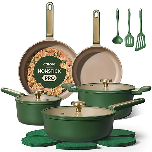 CAROTE Pots and Pans Set Non stick, Cookware Set, 16pcs NonStick Kitchen Set Induction Cookware Non-Toxic & PFOA&PFOS-Free, Dishwasher, Green