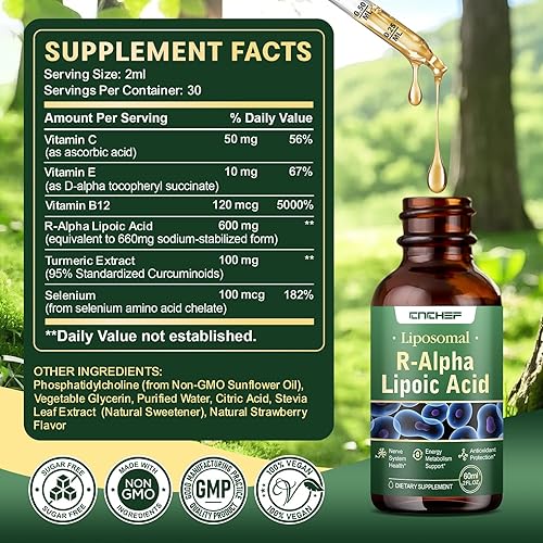 Miniatura 4 de 2 gotas líquidas R de ácido alfa lipoico de 600 mg Suplemento ALA salvador de nervios para neuropatía para nervios, energía y apoyo al metabolismo