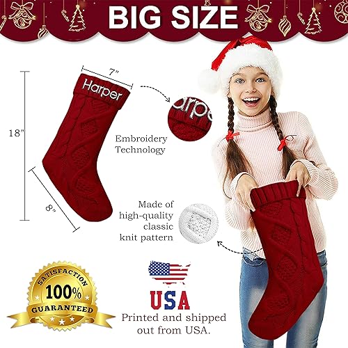 Miniatura 3 de Medias de Navidad de punto personalizadas (18 pulgadas) con nombre bordado personalizado, tejidas, rojo, verde, marfil, rústicas, para decoración