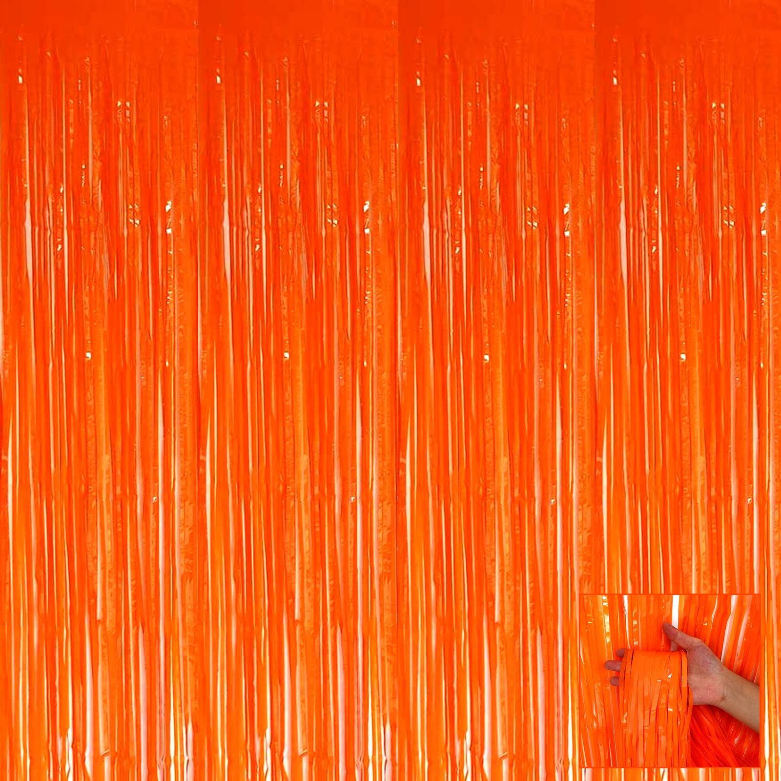 HalloweenDecorate 4 Pack Orange Foil Fringe Curtain Backdrop, 3.28Ft x 6.56Ft Metallic Tinsel Foil Fringe Streamers Curtains for Photo Booth, Wedding,