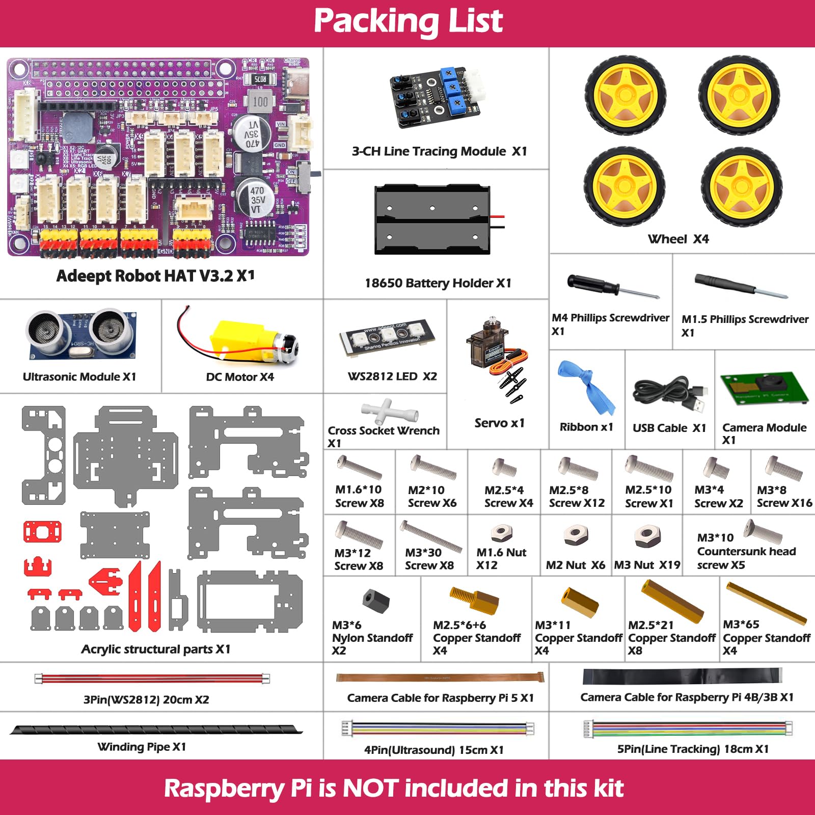 Adeept AWR 4WD Smart Robot Car Kit per Raspberry Pi 5/4B/3B/3B+(scheda non inclusa), Line Tracking, Evitamento ostacoli, servomotore, ricarica USB-C, OpenCV Python DIY Robotics