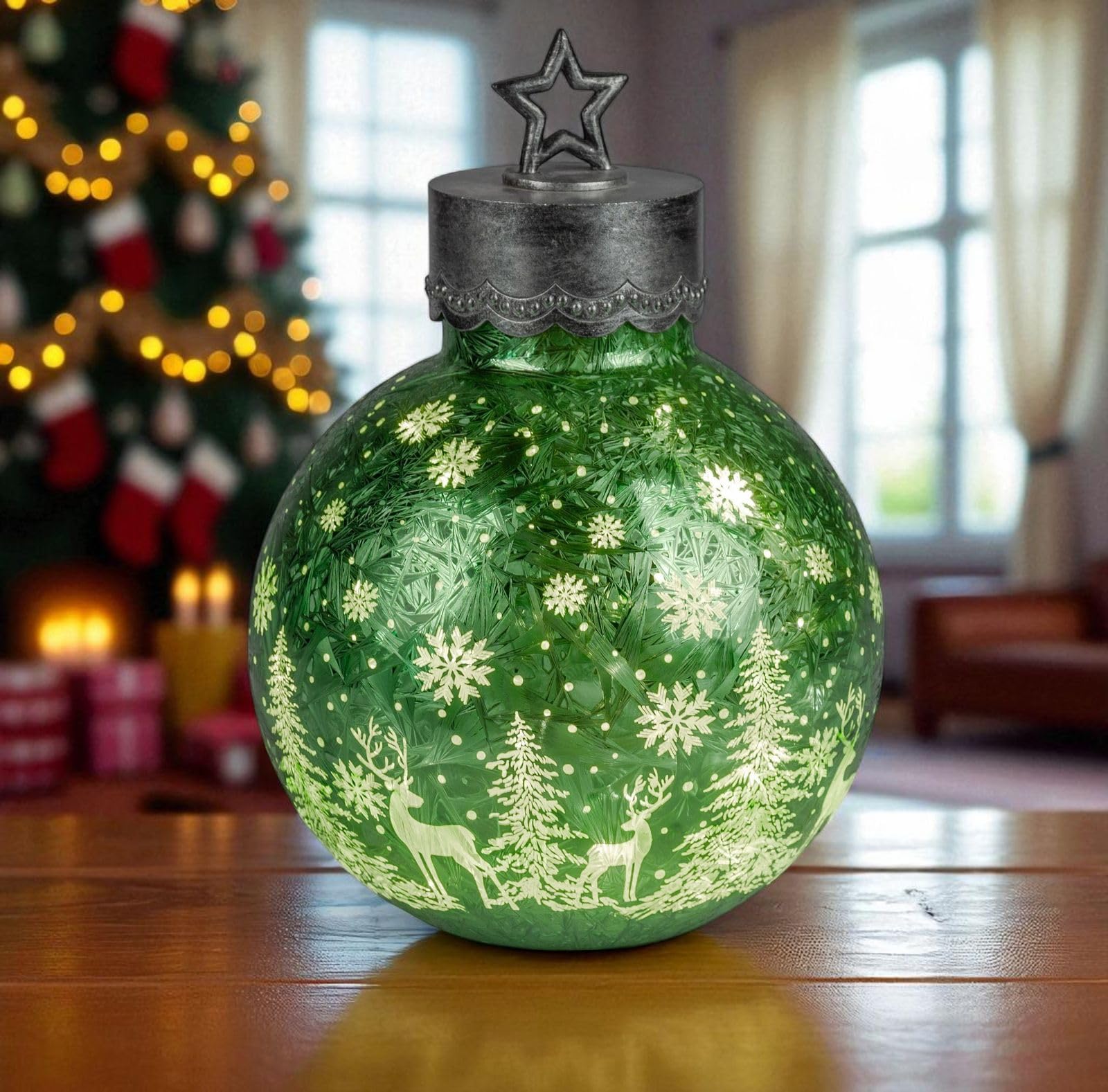 formano LED Deko-Kugel Frosty Gruen 30 cm Farb-Glaskugel Ice-Optik Timer 6h/18h beleuchtet -Batteriebetrieben - Herbst Winter Weihnachtsdeko für Tisch Regal Fensterbank