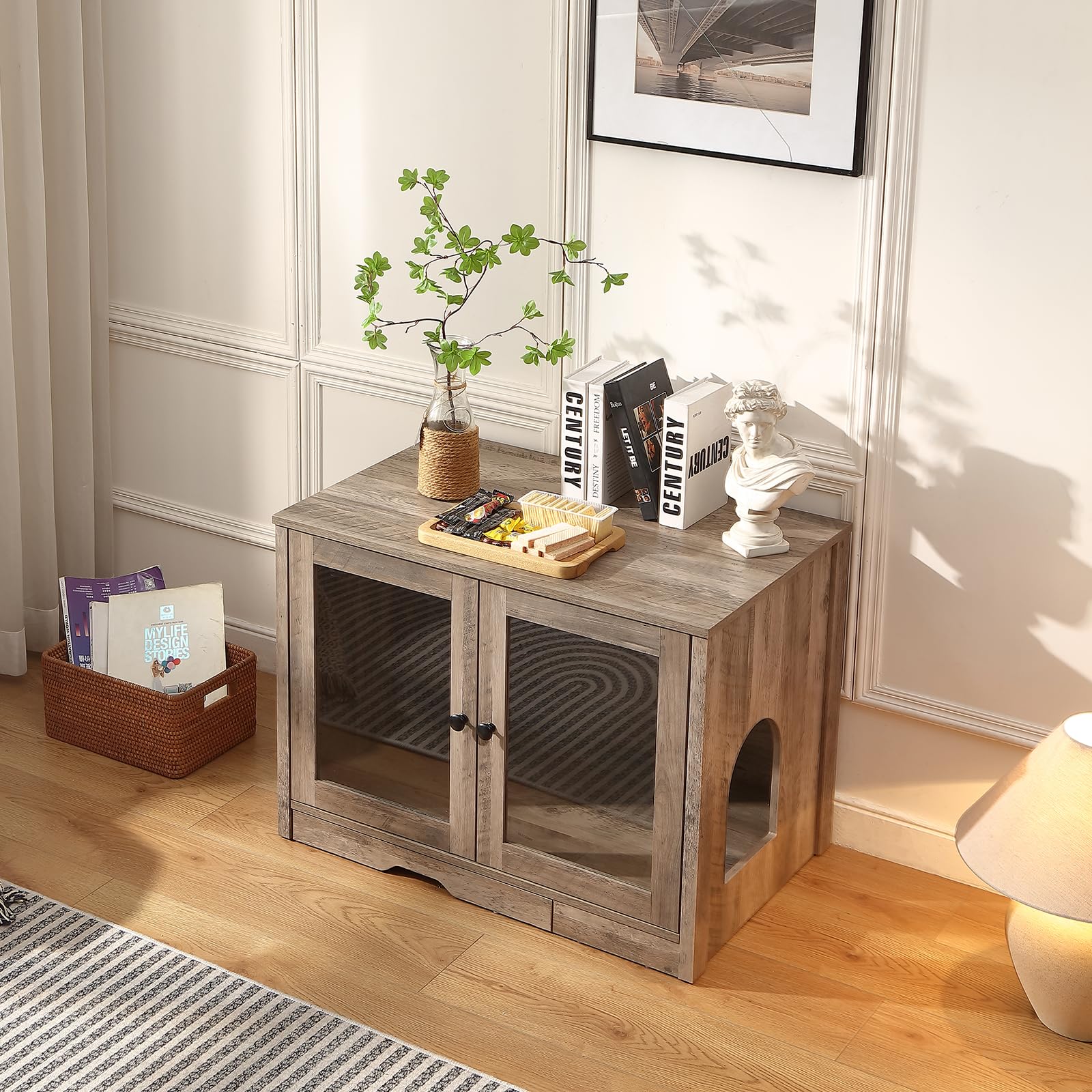 FOREST GRAVITY Cat Cabinet Litter Box Small Armadietto per gatti Lettiera Piccoli mobili per Lettiera Moderna 82 * 58.5 * 53 cm Casa per gatti con porta e divisorio separato Bianco Grigio