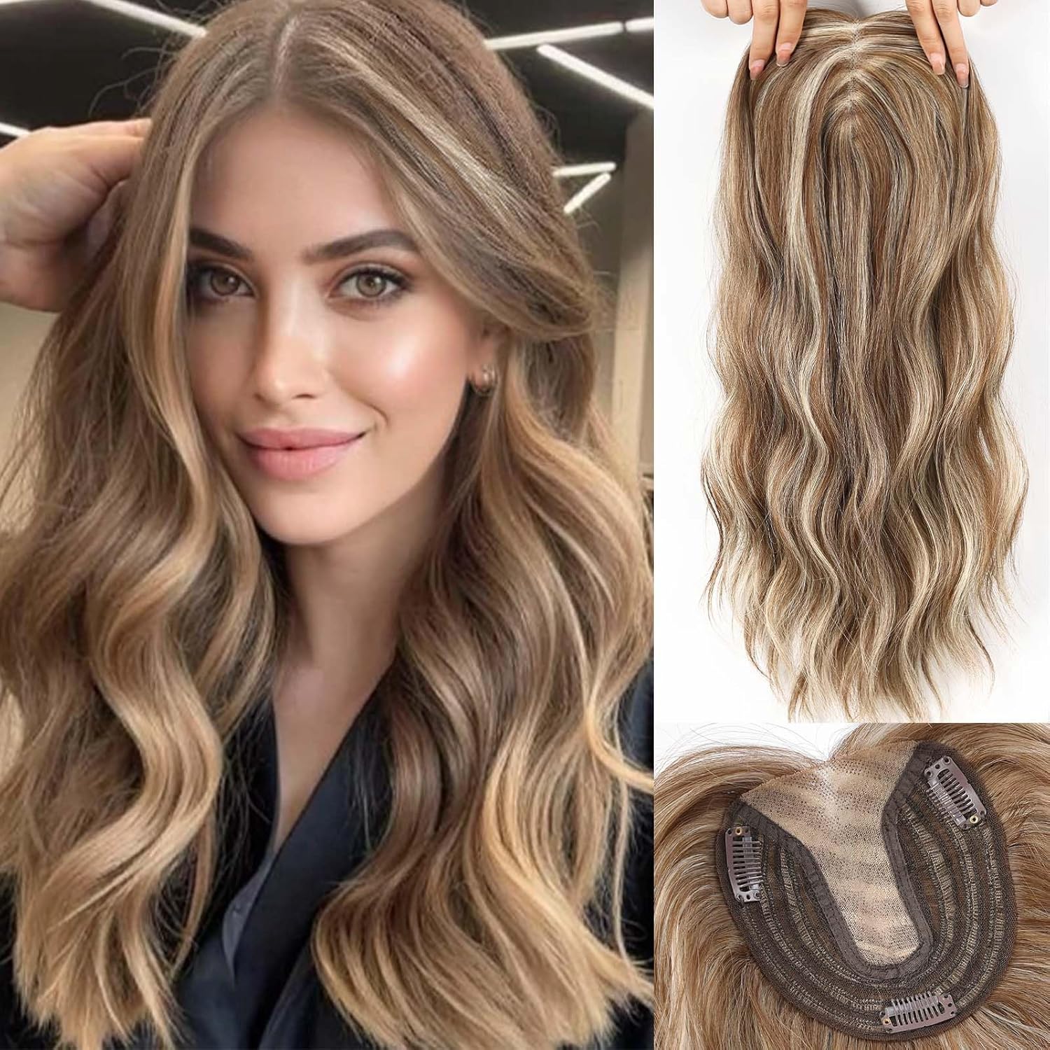 HAIRCUBE 18 inch Wavy Hair Toppers for Women Heat Resistant Fibre Synthetic 5 * 5.3 Inch Swiss Base Toppers for Women with Thinning Hair(Sandy Brown & Ash Blonde Mixed)