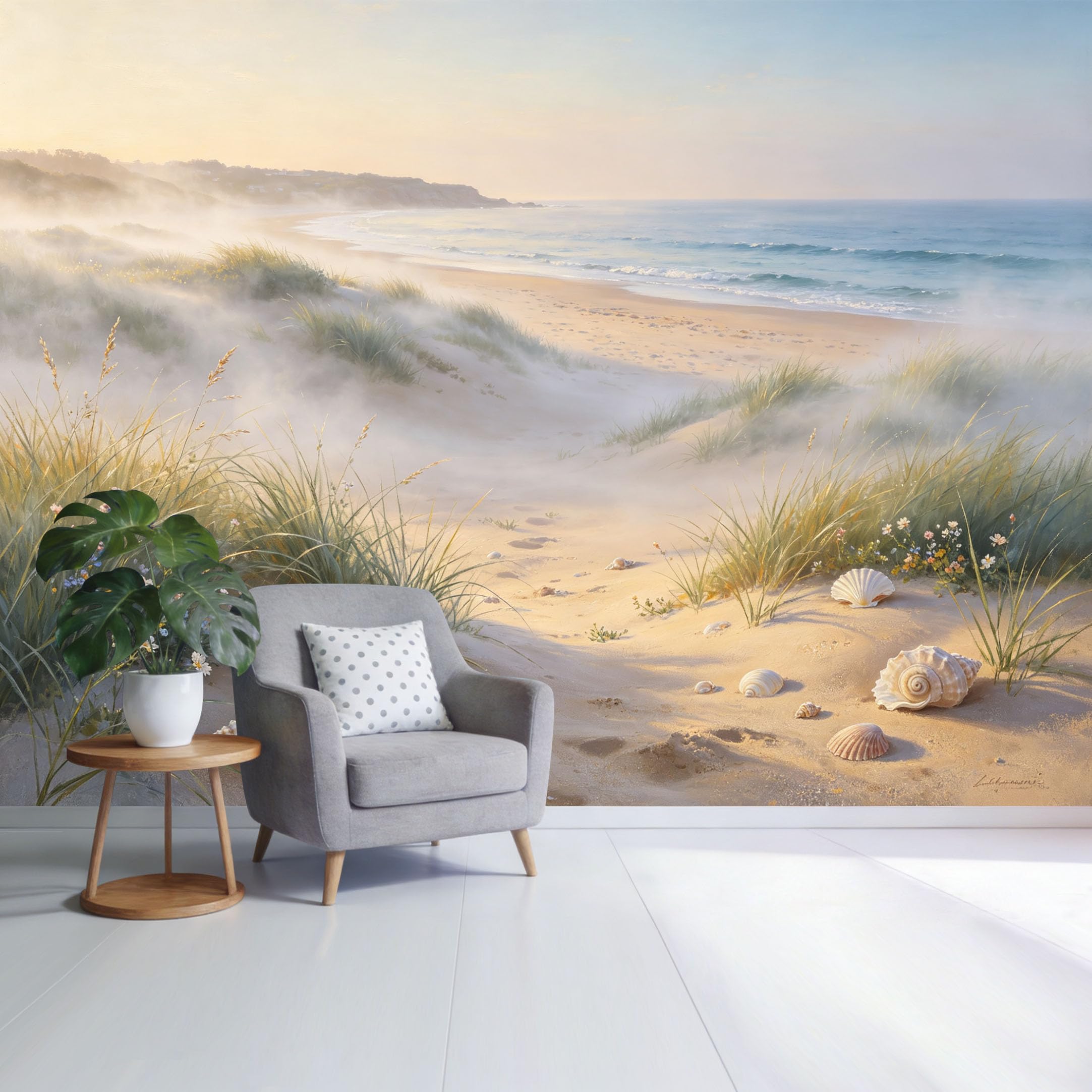 Custom Size Wall Mural Coastal Beach Dunes Seashells Ocean Waves Morning Mist Landscape SelfAdhesive Wall Fabric Removable Wallpaper for Home Office Decor