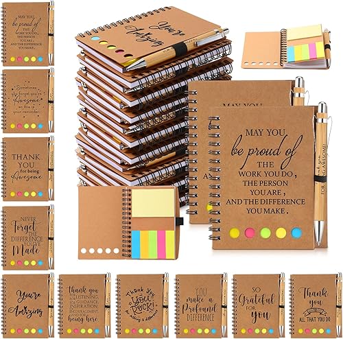 Honoson Juego de 80 cuadernos inspiradores en espiral con notas adhesivas, bolígrafo de bambú motivacional a granel para profesores, enfermeras,