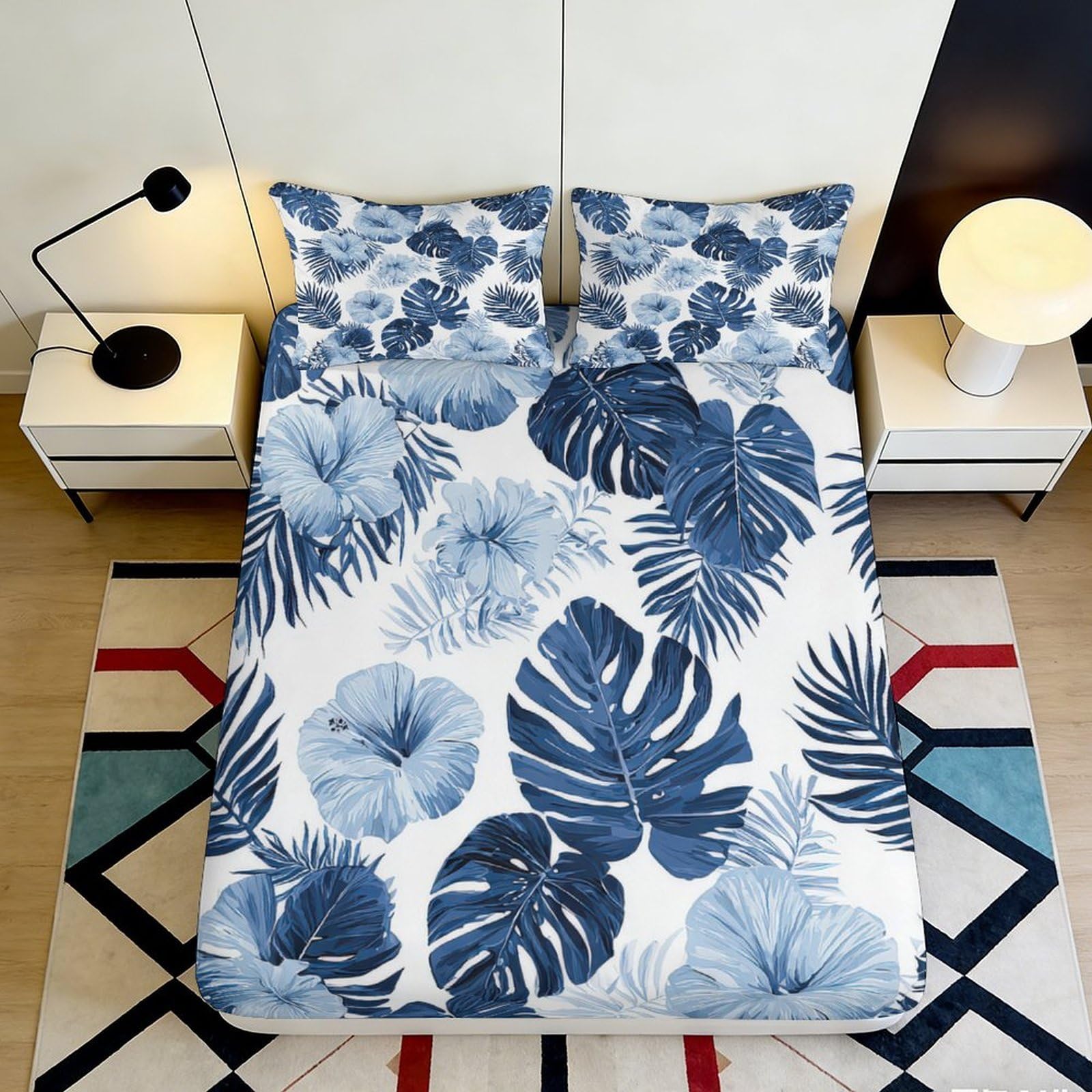 3D Printed Blue Tropical Leaf Fitted Sheet Microfiber Soft Breathable Hibiscus Bed Cover for Bedroom Dorm Mattress Protection Decor 90x200x25cm