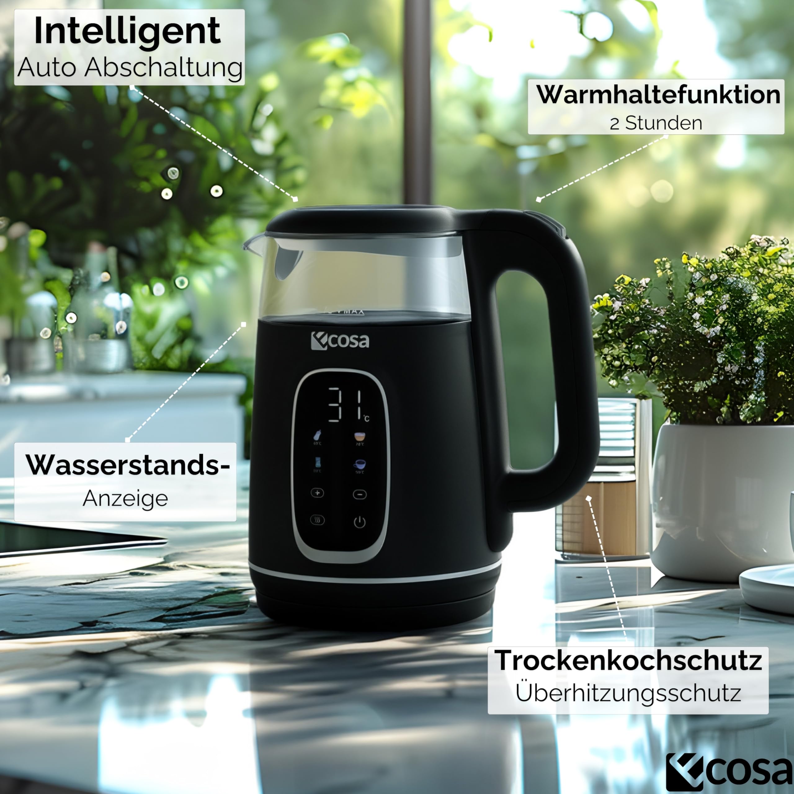 Ecosa® Wasserkocher mit Temperatureinstellung Glas Edelstahl - Teekocher - 1,7 Liter 2.200 Watt - BPA Frei mit Temperaturwahl 40°C-100°C - Warmhaltefunktion LED Beleuchtung (Black Pearl)