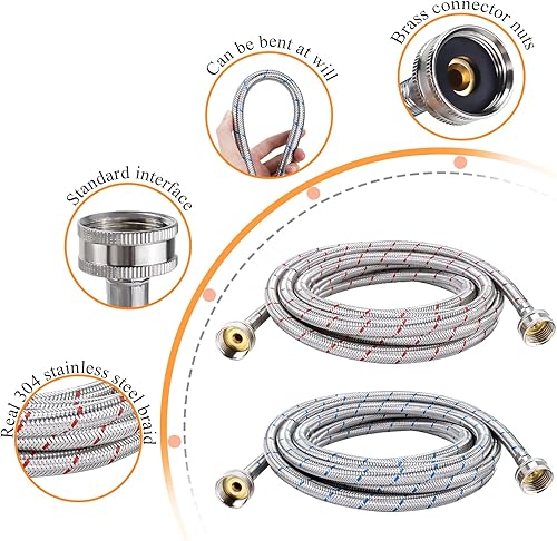 Miniatura 2 de Blutoget - Mangueras trenzadas de acero inoxidable para lavadora de 15 pies de largo, líneas de agua fría y caliente, interfaz estándar de 34