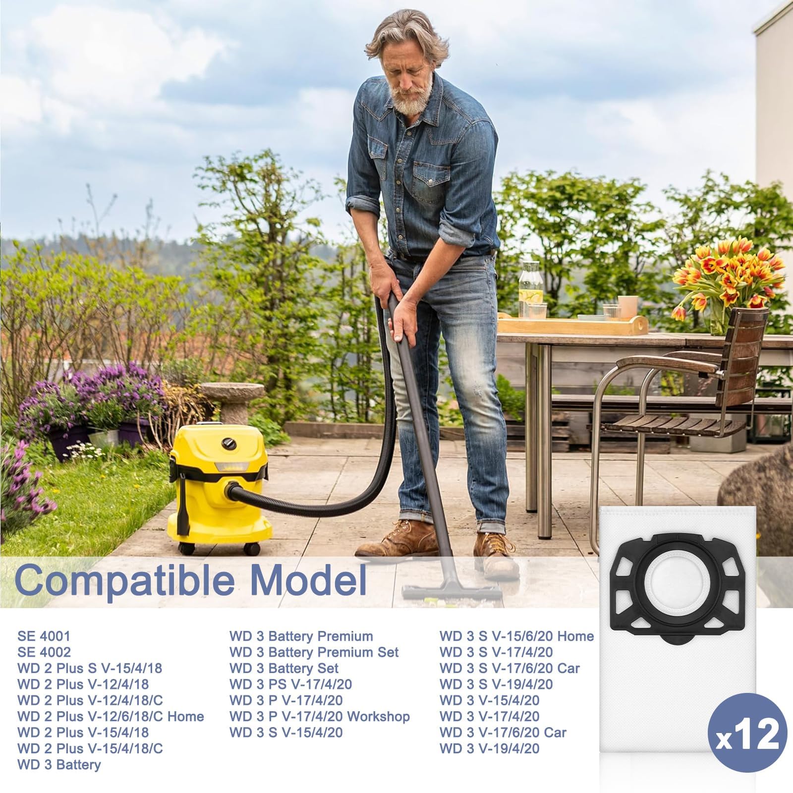 12 KFI 357 Torba odkurzacza kompatybilna z Kärcher WD2 Bag, WD3, KWD1, KWD2, KWD3, MV3, WD3200 - WD3800 M, SE4001, SE4002 Odkurzacz