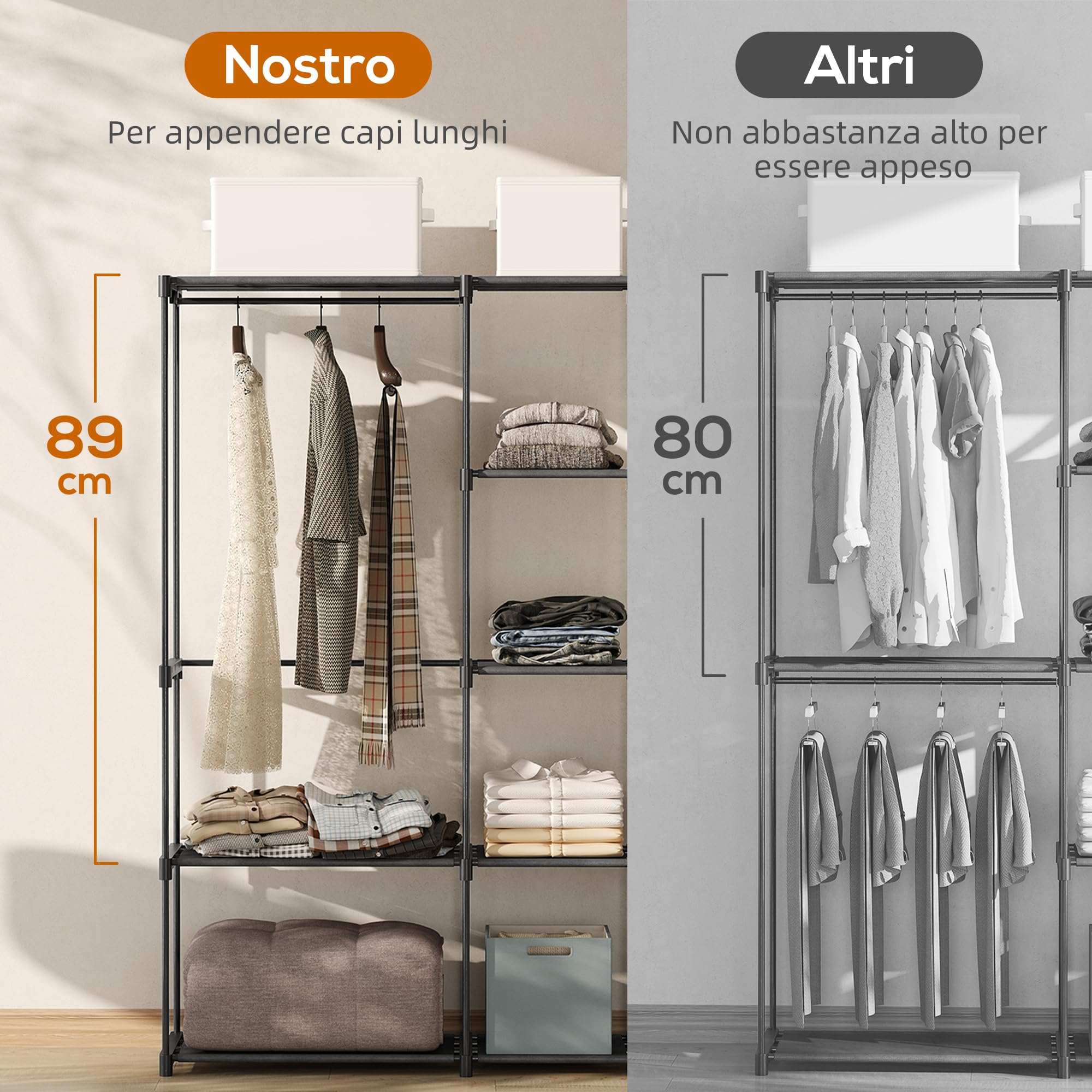 HOMCOM Armadio Guardaroba con 8 Ripiani e 3 Aste per Appendere, Guardaroba in Tessuto non Tessuto, Acciaio e Plastica, 182x43x185 cm, Nero