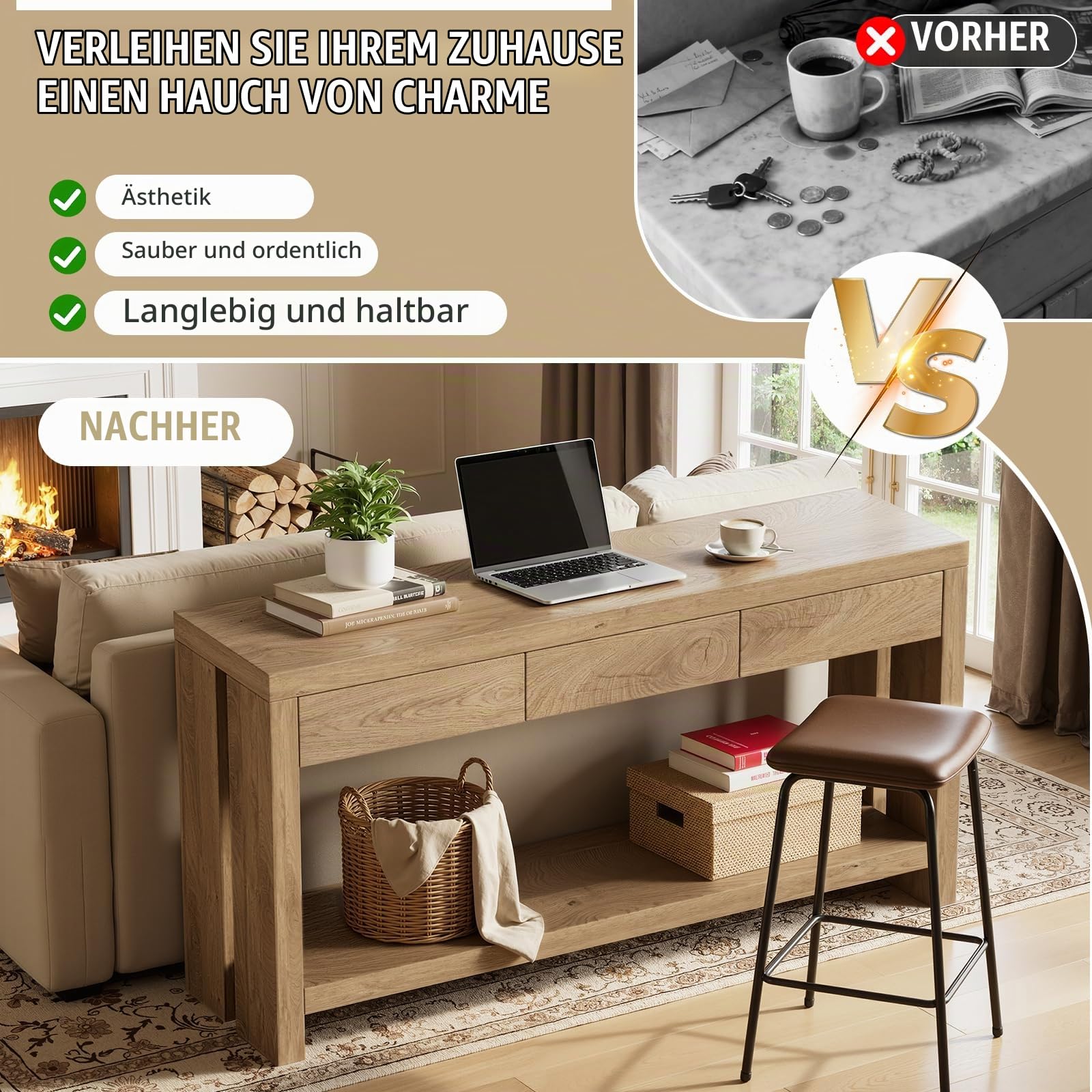 Konsolentisch mit 3 Schubladen Schmaler Eingangstisch 140CM Langer Sofatisch mit Stauraum Beistelltisch 29.5CM Breit Flurtisch hinter dem Sofa 2 Ebenen Ausstellungstisch für Wohnzimmer, Flur, Eingang