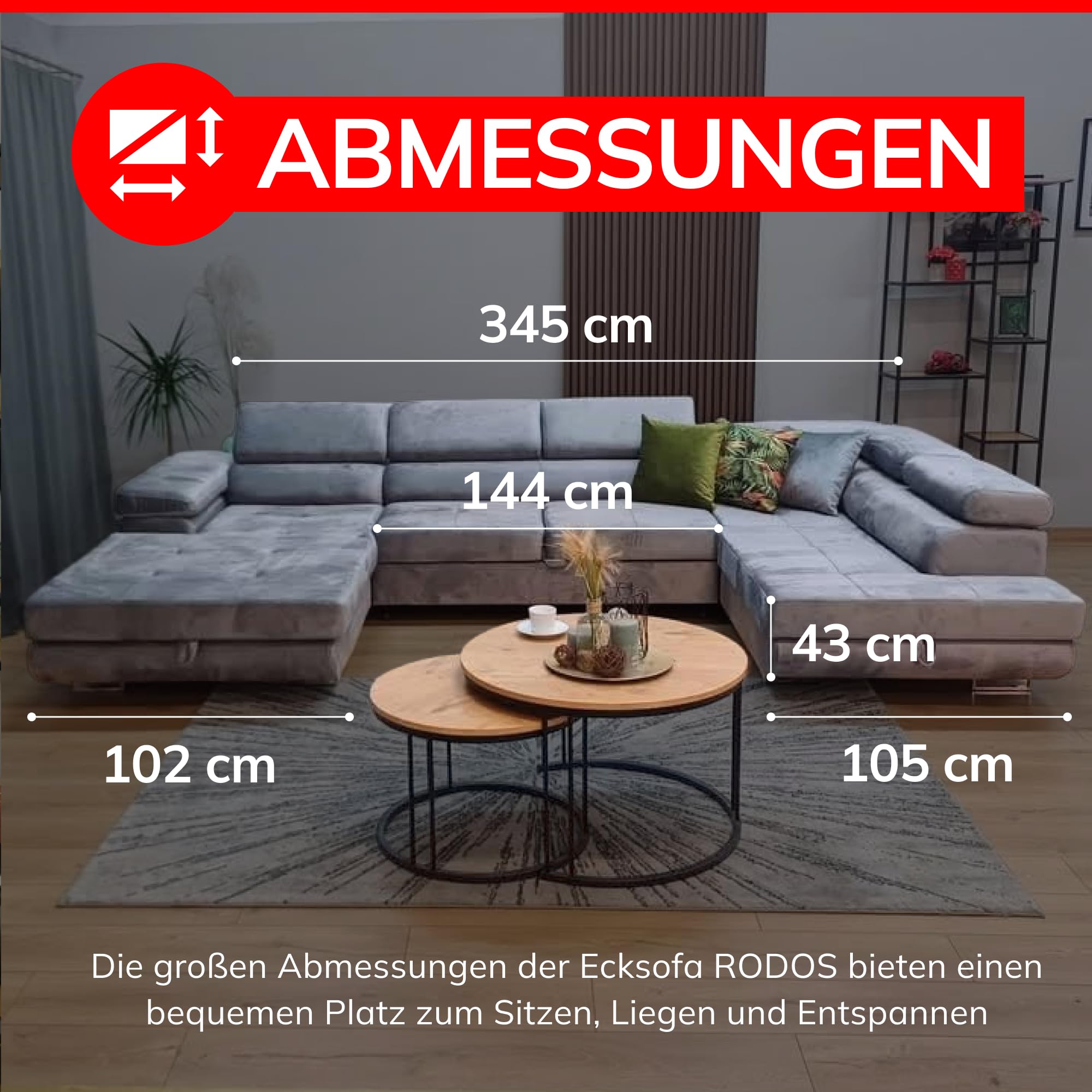 U-Form Sofa Rodos 345x202x90 cm, Schlaffunktion, Grau, Links