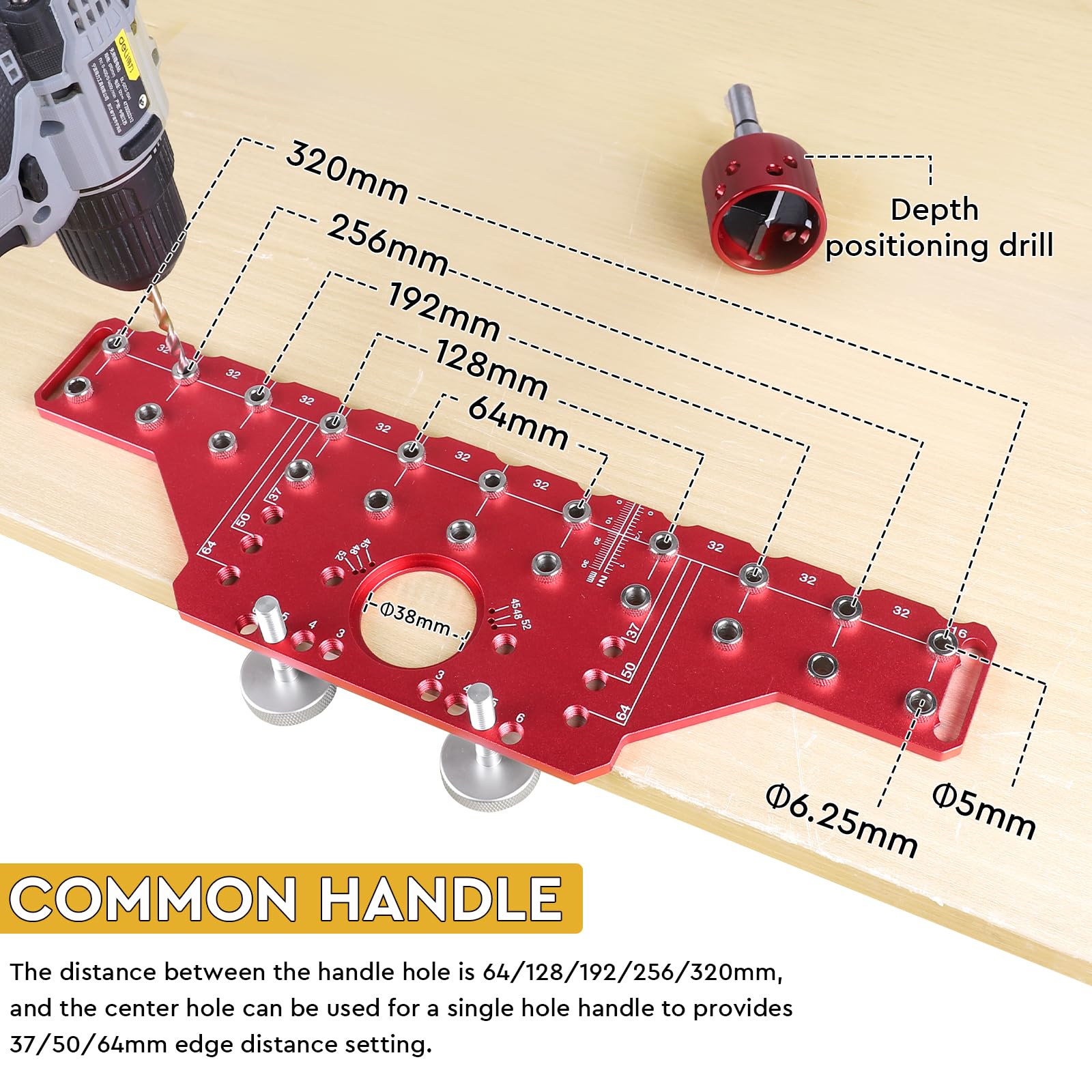 Guida di perforazione allineata 2-in-1 per spinotti e cerniere da 35 mm Guida in alluminio con punte da 5mm e 1/4 pollice, strumento ideale per fai-da-te e falegnameria (Modello lungo)