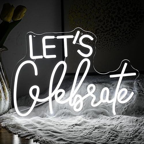 Let's Celebrate - Letrero de neón blanco regulable, luz de neón con texto en inglés "Let's Celebre", para decoración de pared, alimentado por