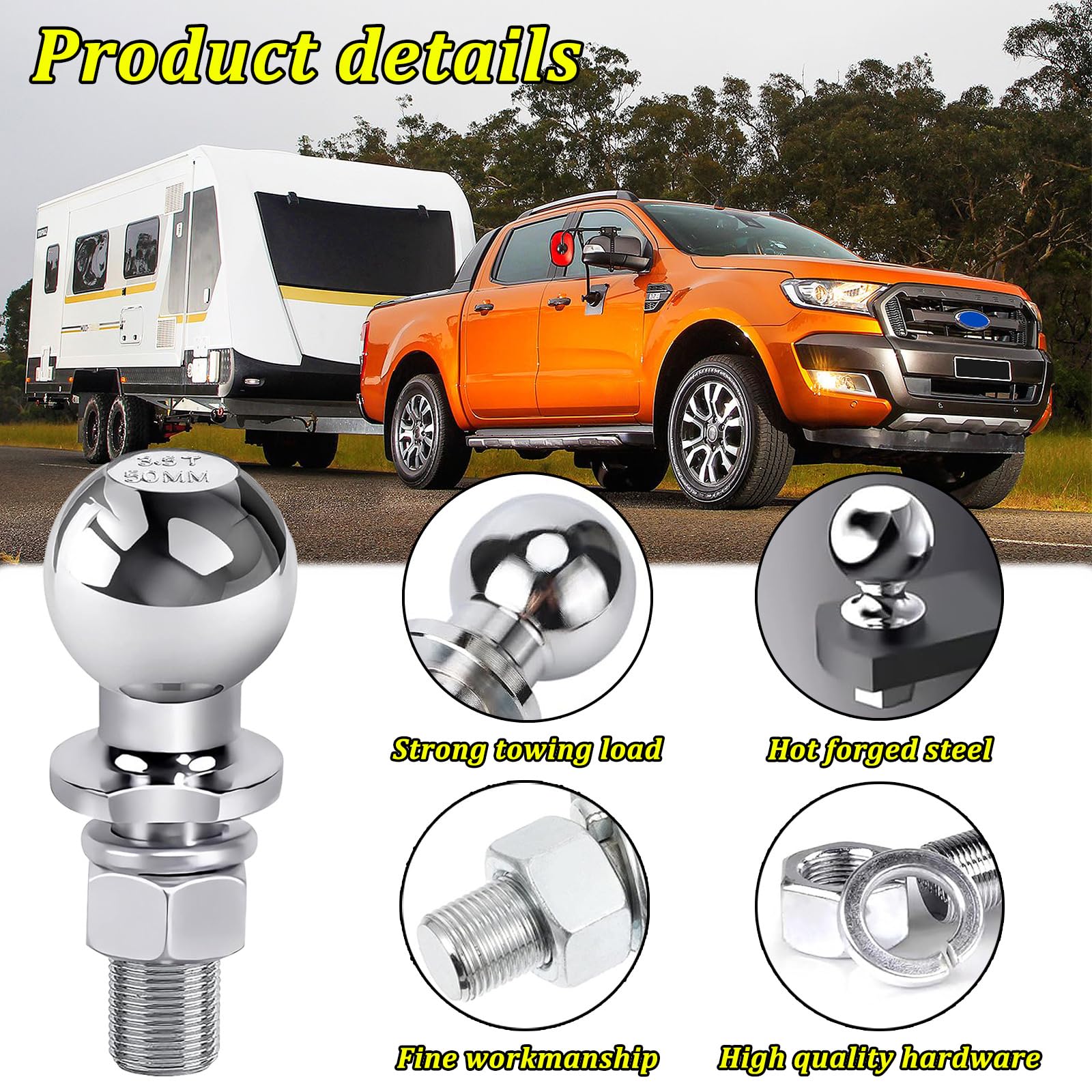 Gancio Di Traino 50mm 3,5T - Sfera Per Rimorchio, Acciaio Forgiato, Cromato, Per Trattori, SUV, Camper - Foto 6