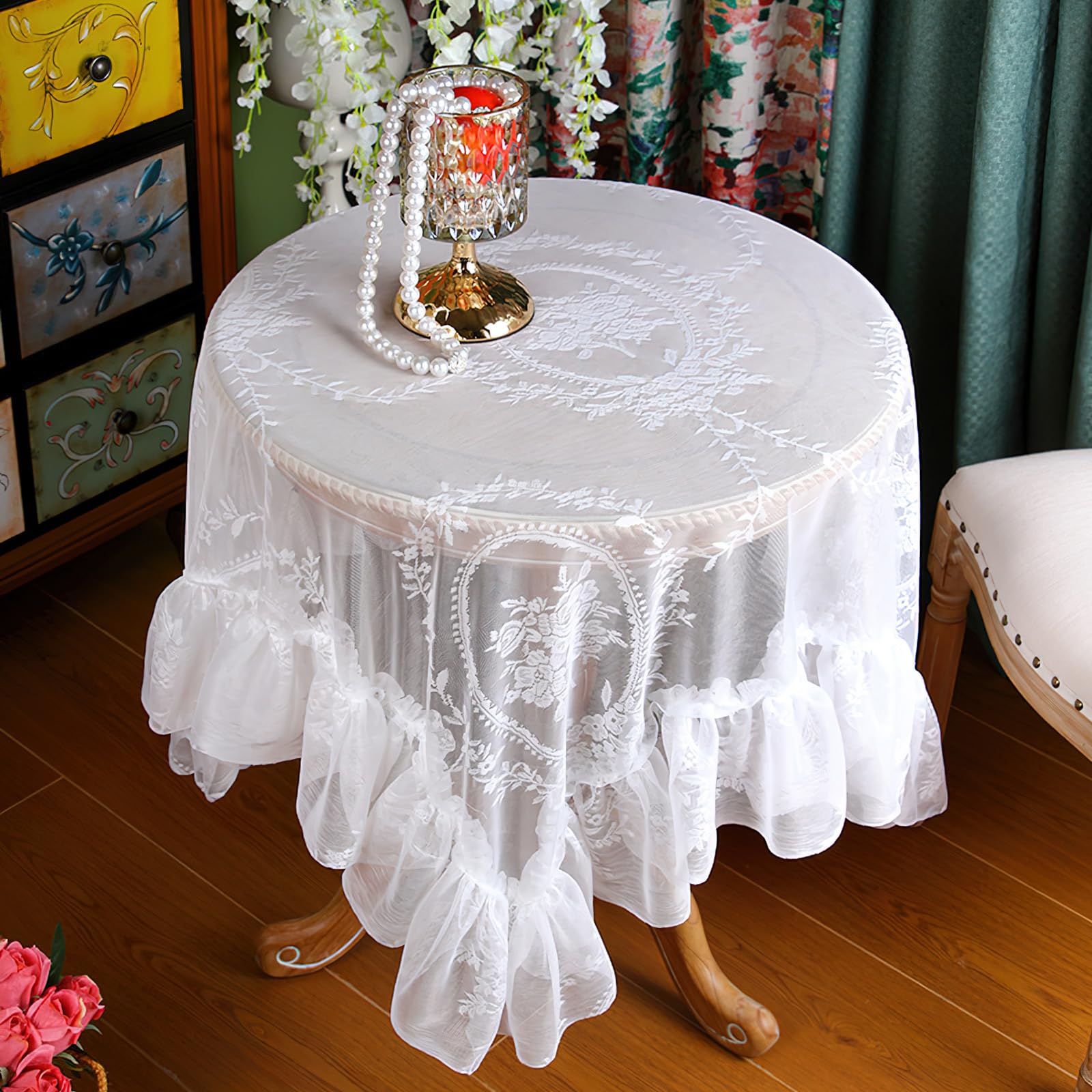 auons Vintage White Lace Tablecloth Flowers Embroidered Ruffles Square Table Cloth - Image 3