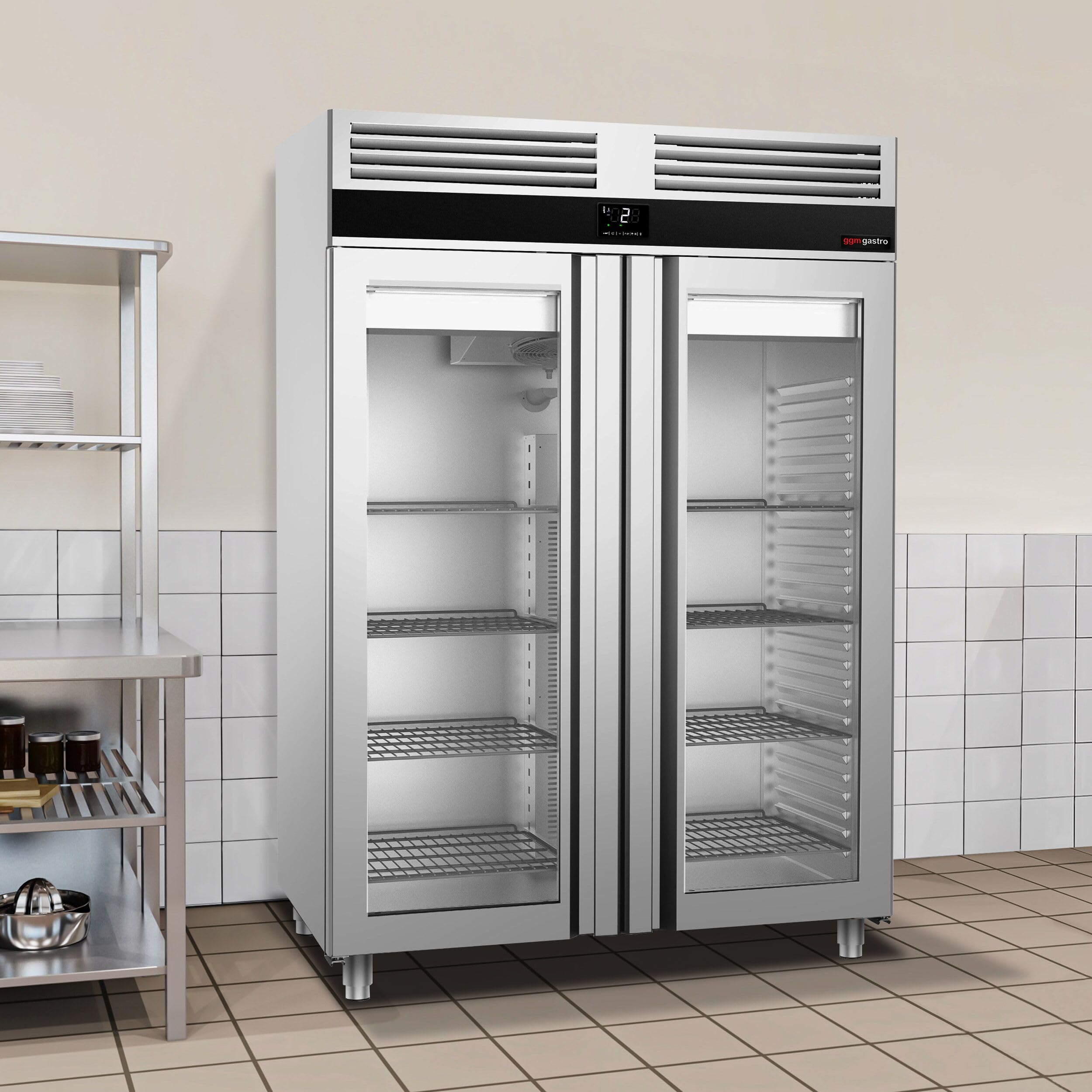 GGM Gastro Kühlschrank 1350 L, 1400 mm, 2 Glastüren | robuste Edelstahlbauweise, lebensmittelecht, energieeffiziente Umluftkühlung, wartungsfreundlich, für Dauereinsatz